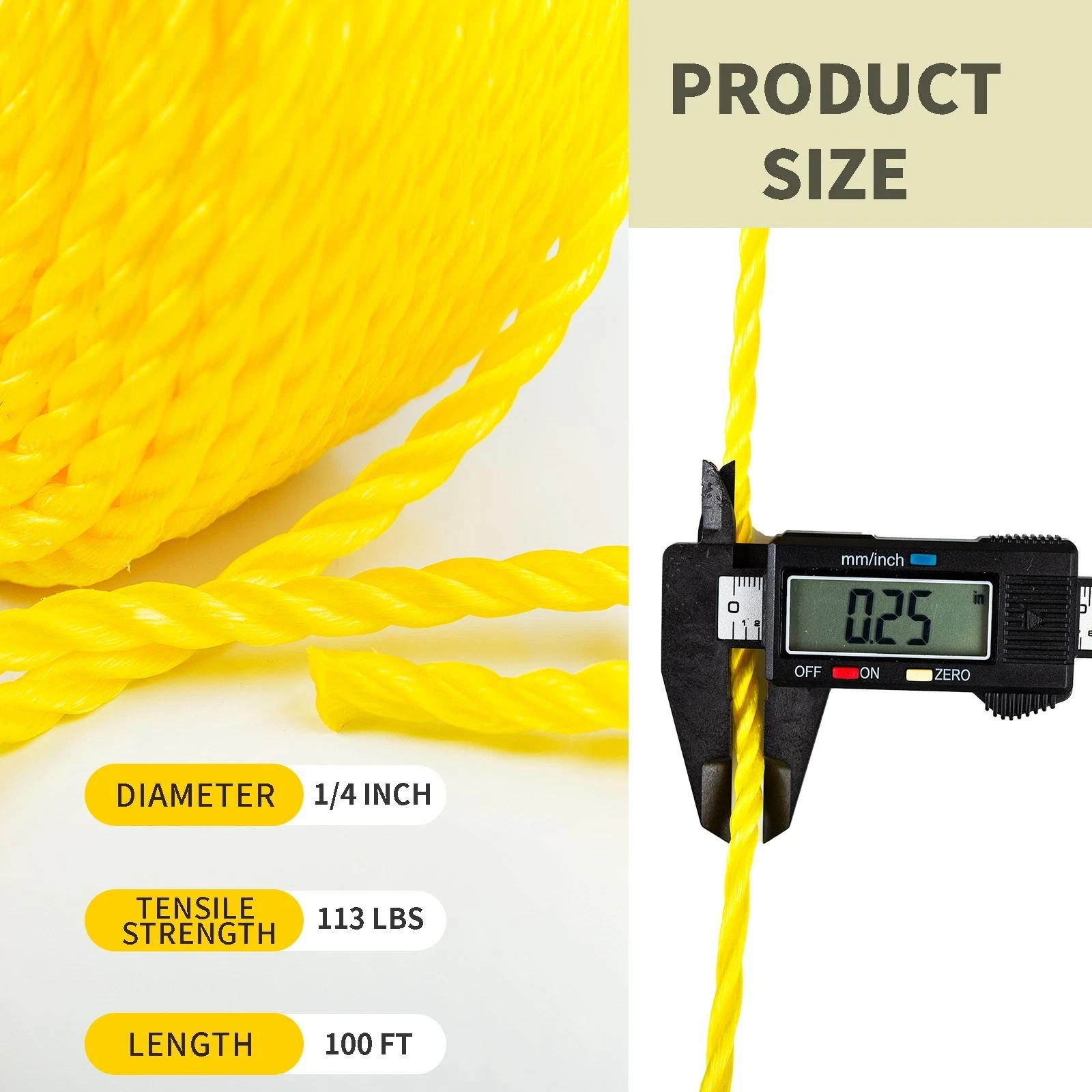 Yellow Twisted Polyprolene Rope 1/4 100ft Heavy Duty Poly