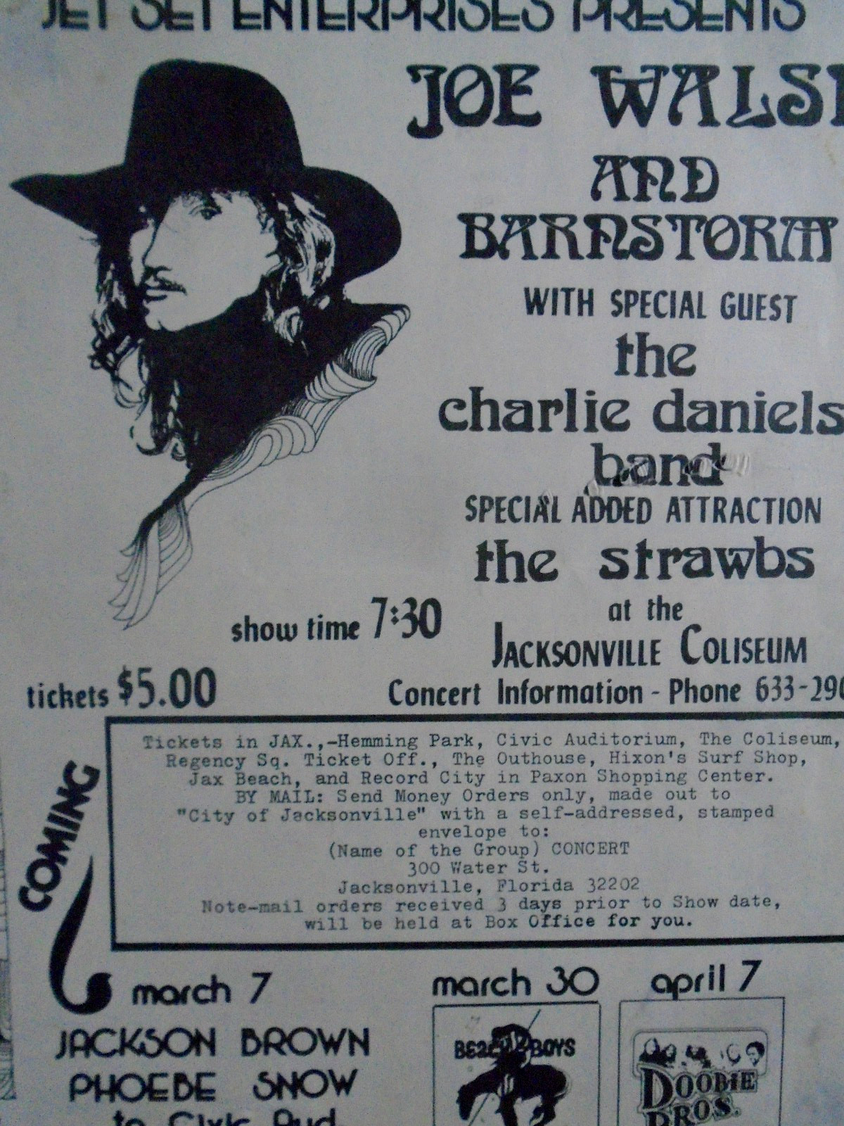 ORIGINAL CONCERT HANDBILL & TICKET-JOE WALSH & BARNSTORM-JACKSONVILLE-2_21_1975+
