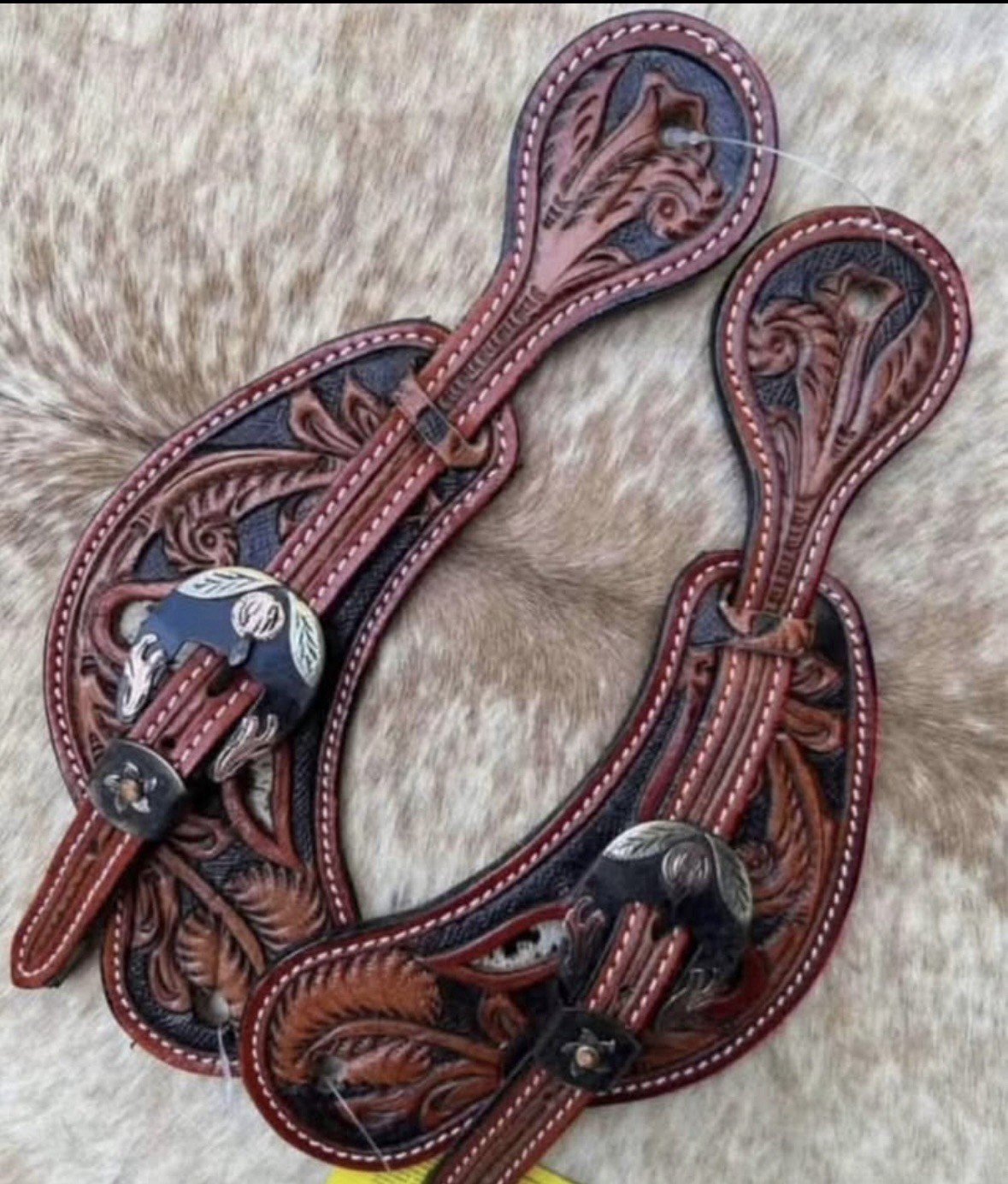 Adult Size Tooled Top Grain Leather Hair On Cowhide Western PAIR Spur Straps