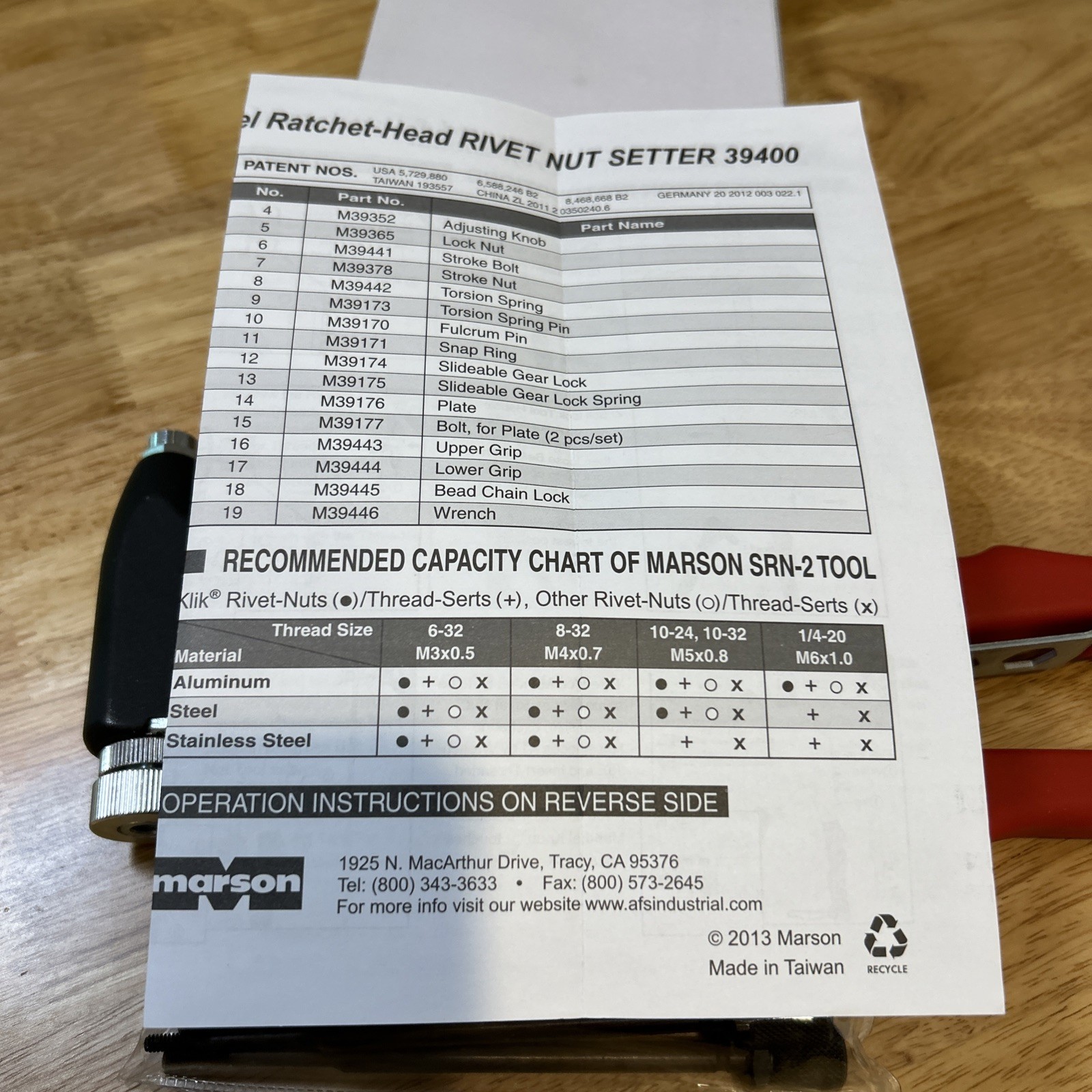 Marson Swivel Head Rivet Nut Setter SRN-2 Klik Turn Mandrels And Nosepiece 39400
