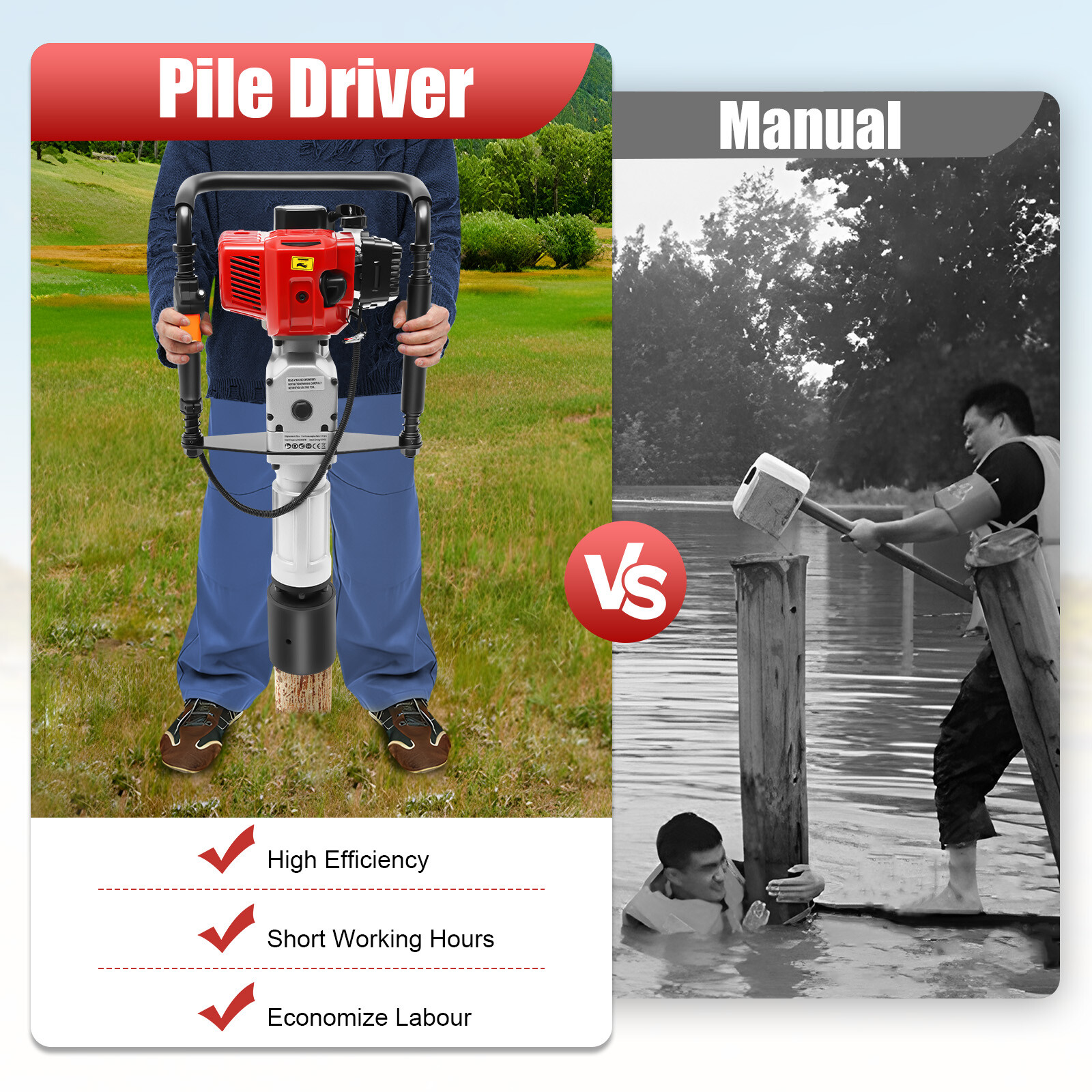 52CC 2.3HP Gas Powered T Post Driver Fence Pile Driver Pounder Toolkit w/3 Heads