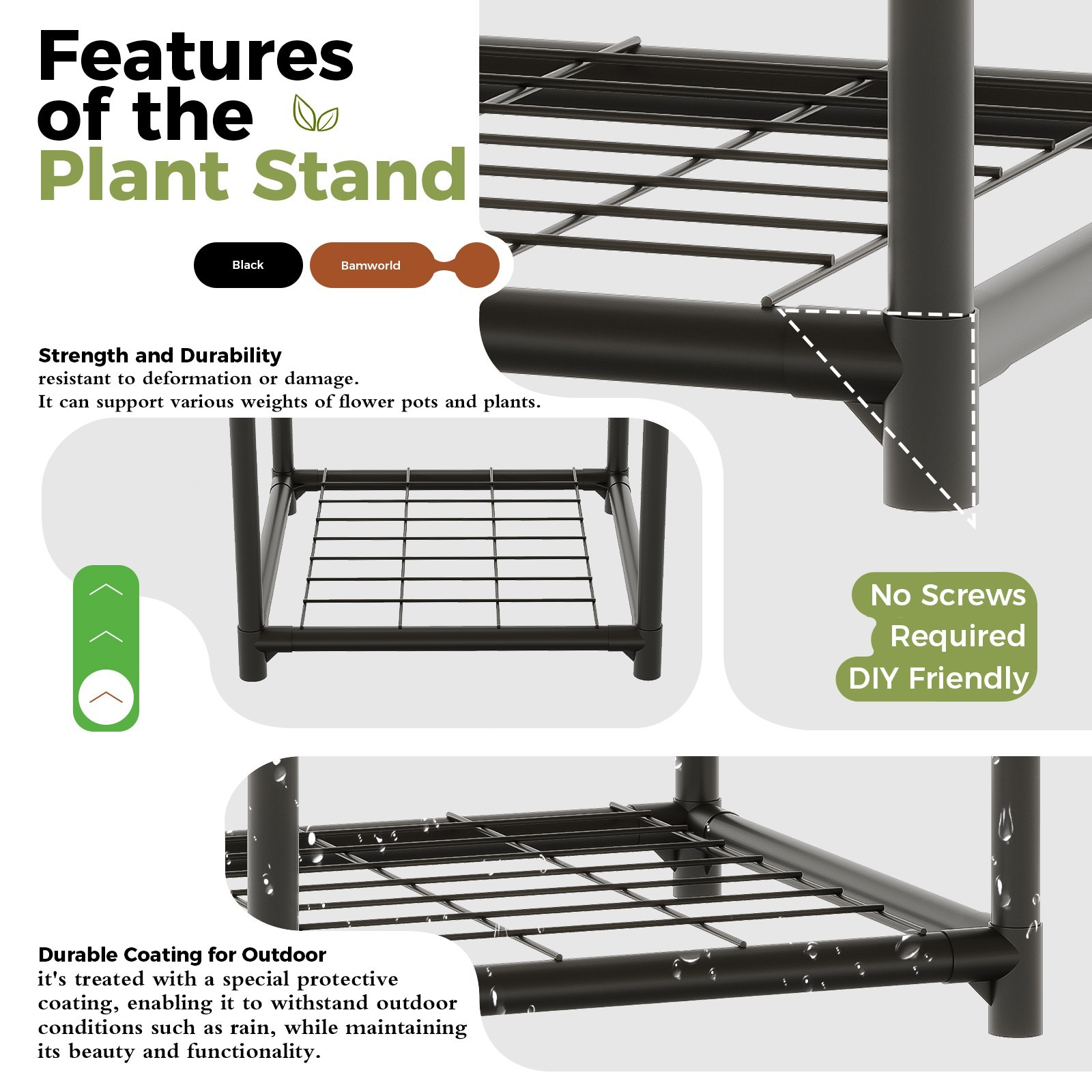 Bamworld Black Plant Stand Outdoor Metal Plant Shelf 3 Tiers Ladder Plant Holder