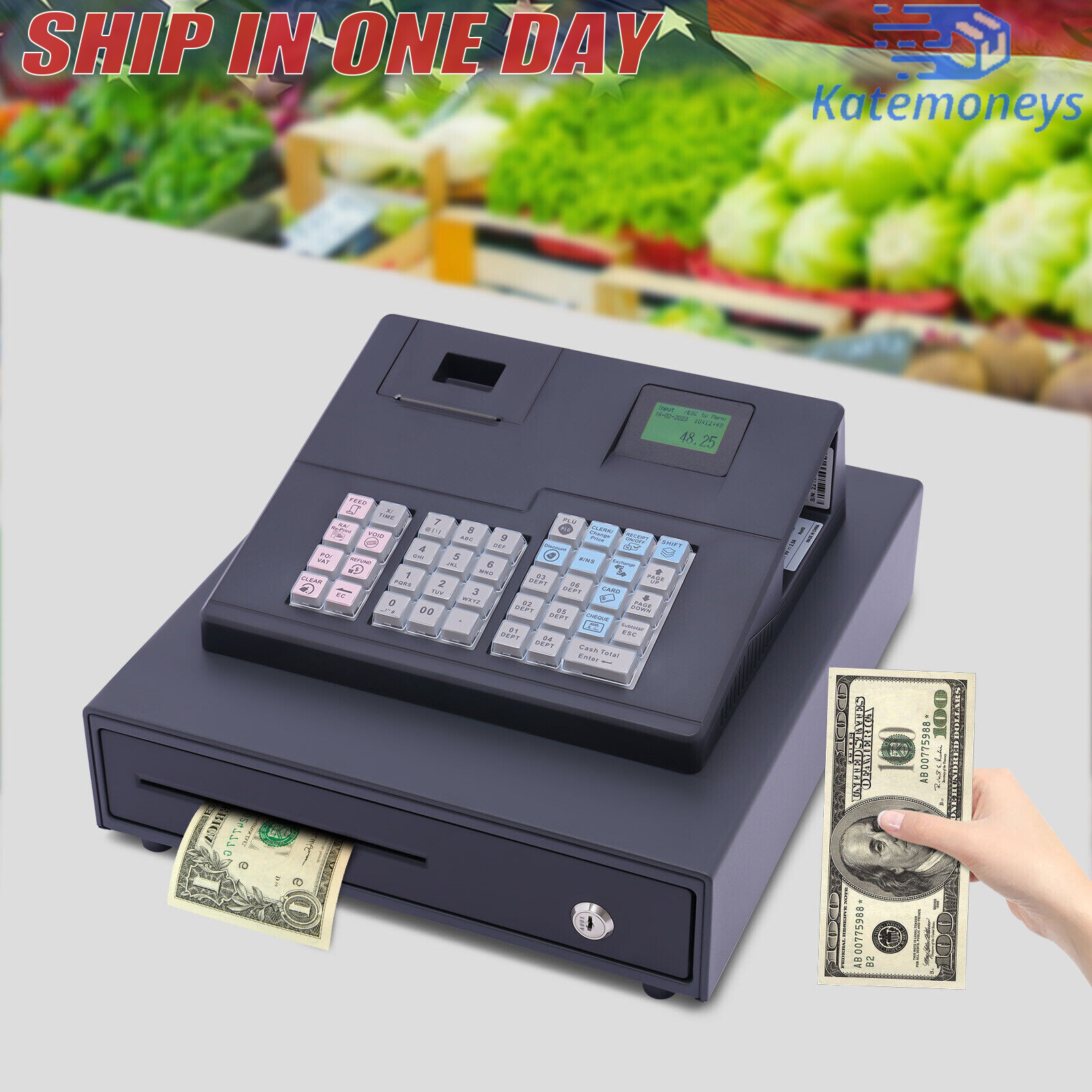 38 Keys Electronic Cash Register Black Thermal Cash Register with Cash Drawer