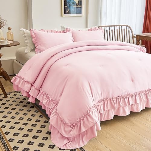 Ruffle Comforter Set 3 Pieces Vintage Ruffle Fringe Queen Peach Pink