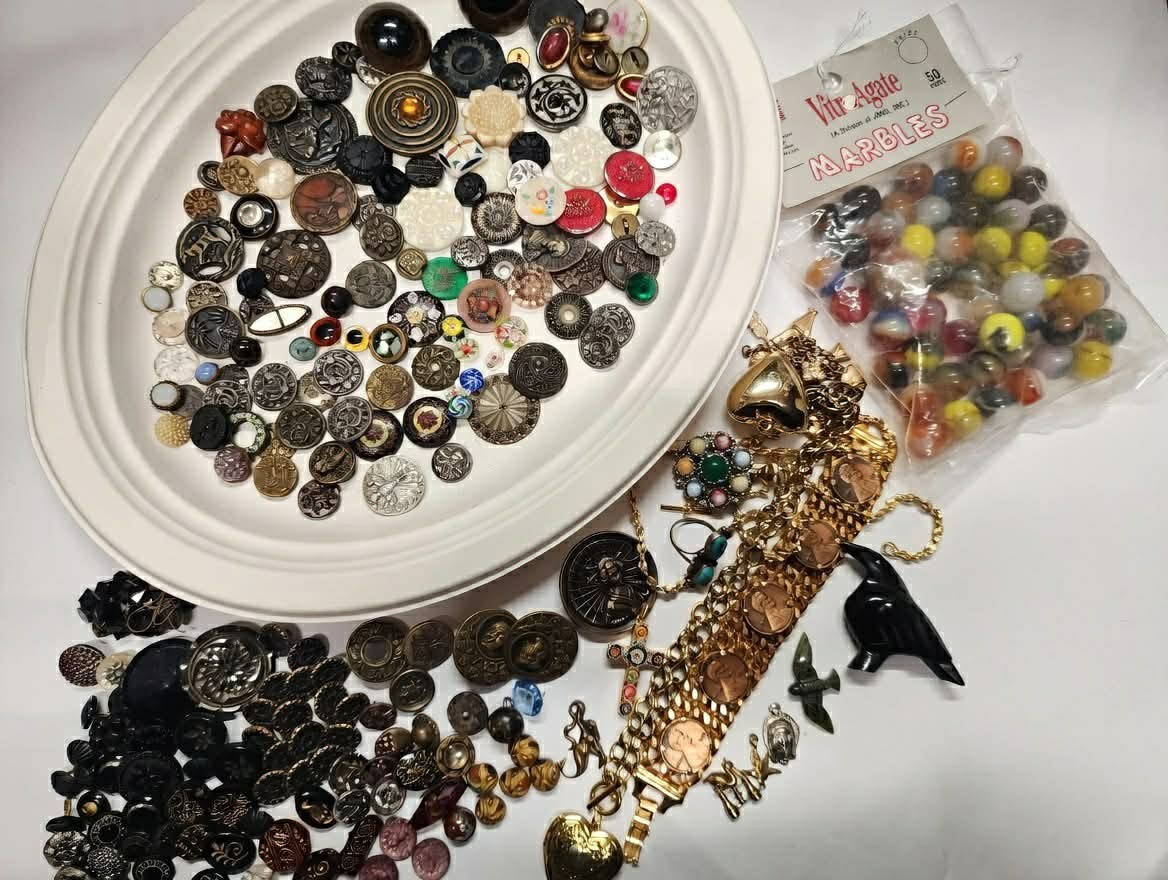 Junk Draw Lot , Antique Buttons , Marbles , Jewelry , Zuni