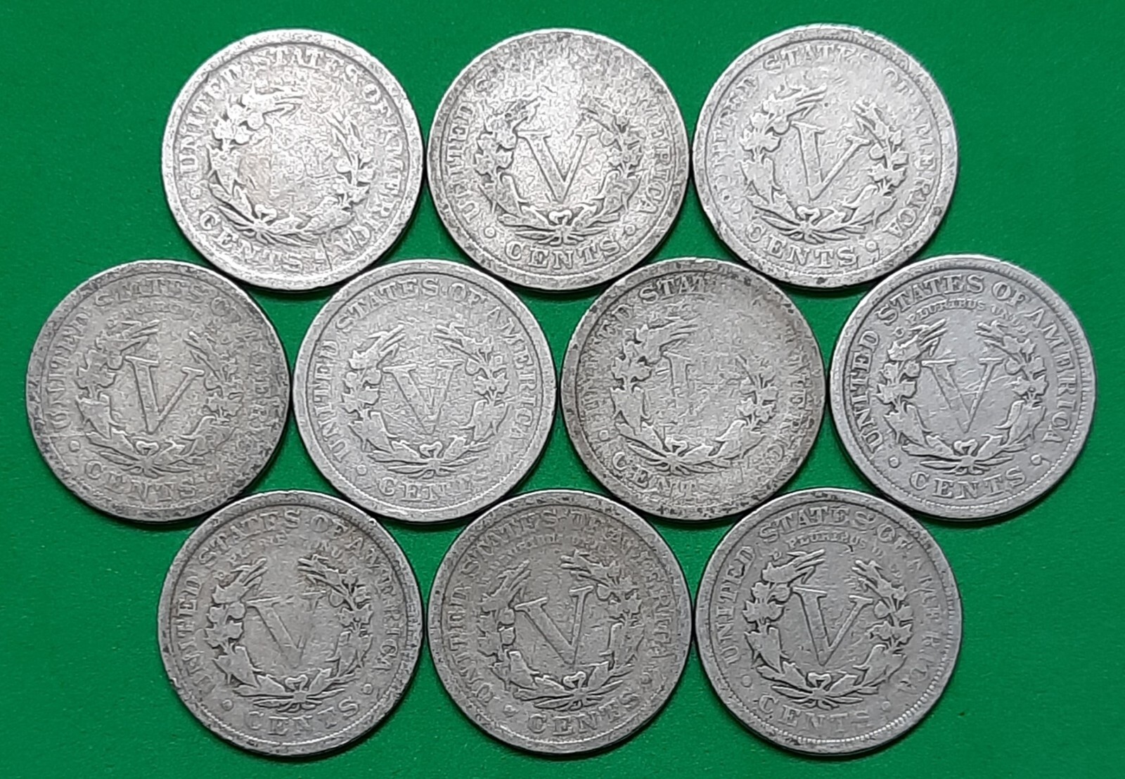 Ten Liberty V Nickels--NICE Variety of Dates!