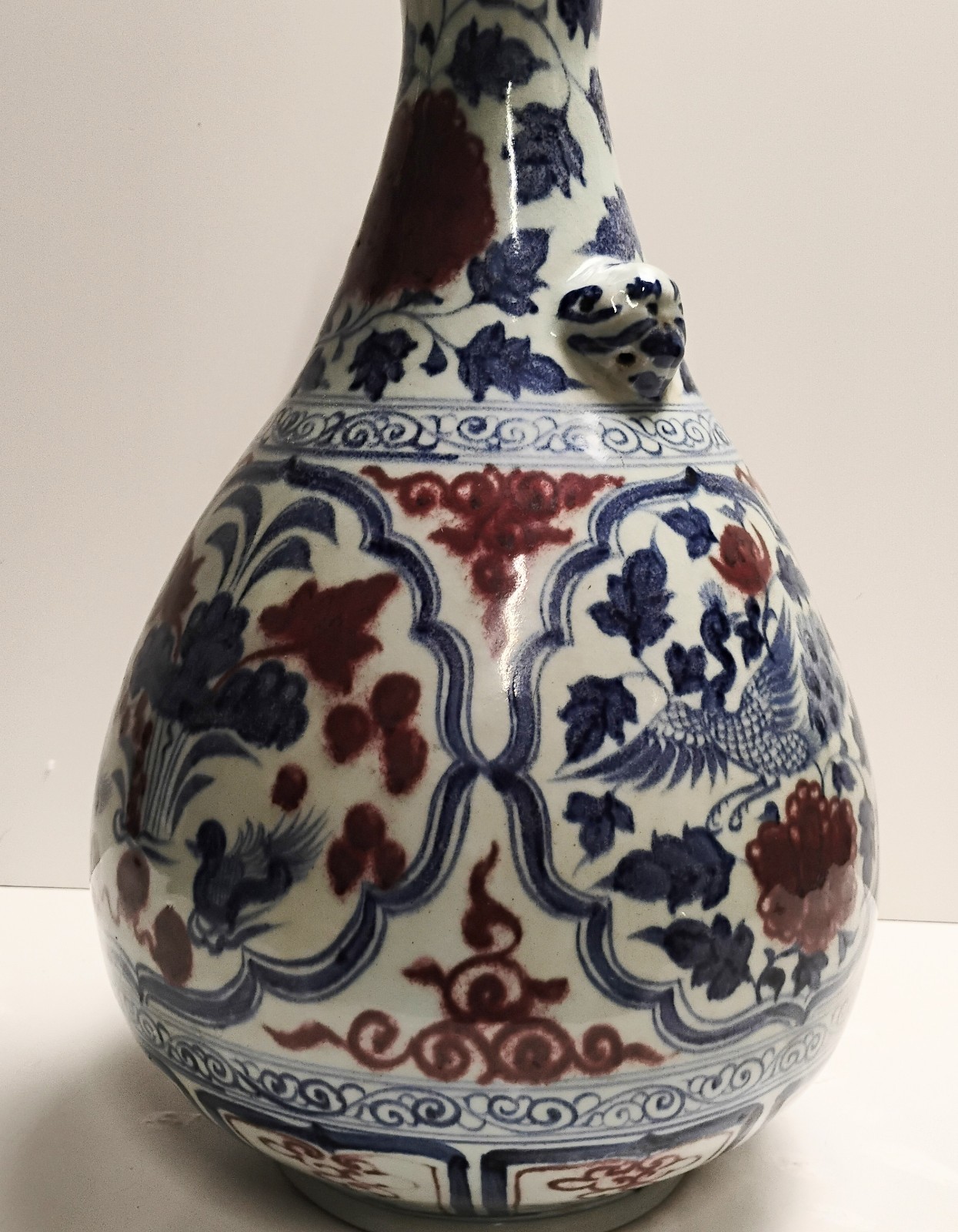 PAIR 20th Century Chinese Blue Copper Red & White Hand Painted Garlic Vase 20"