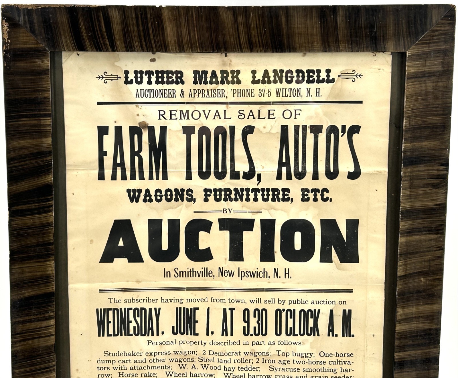 Antique Circa 1912 NEW HAMPSHIRE Auction Advertising Poster Tiger Striped Frame