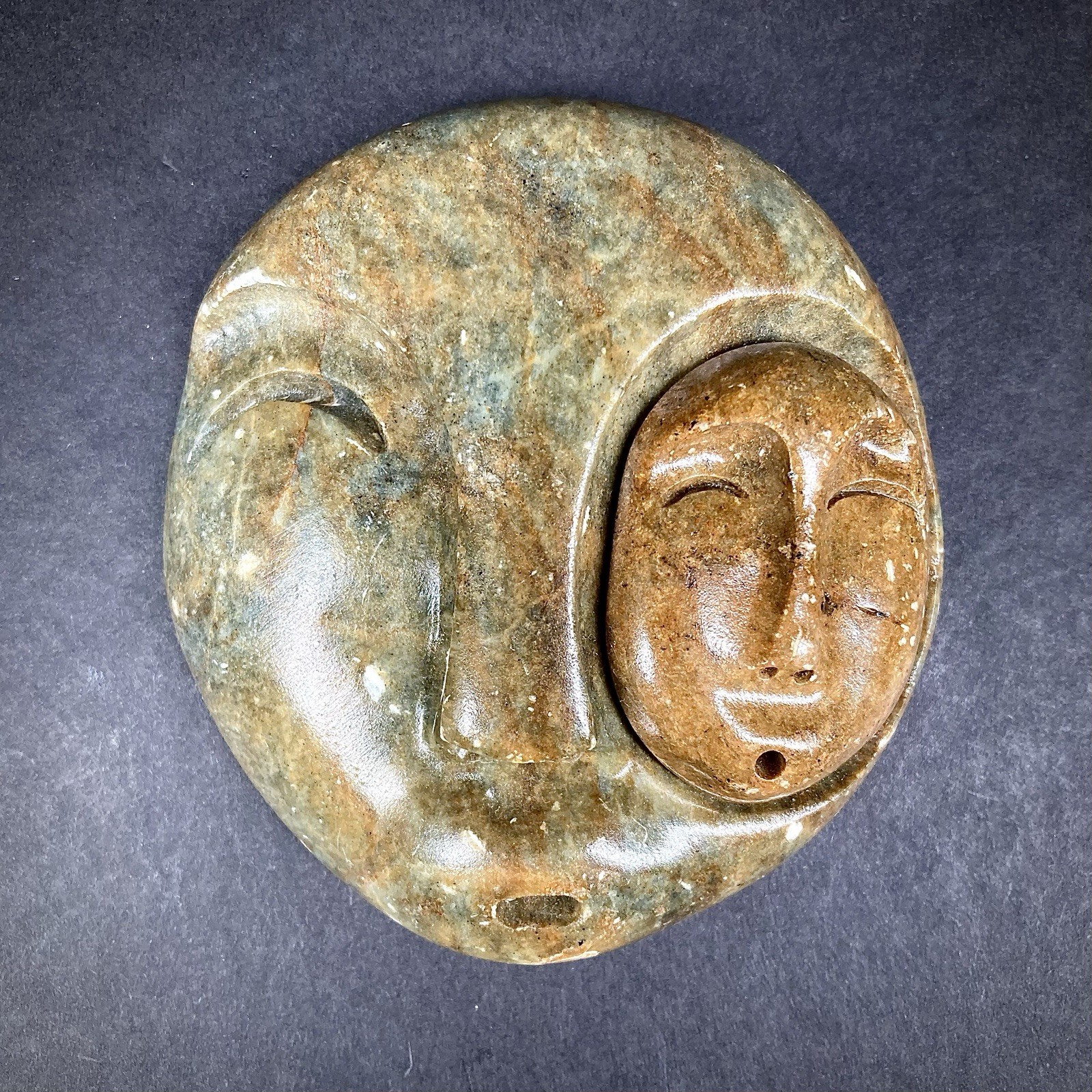 Alaska Native Handcrafted Stone Spirit In Eye Mask Soapstone Hangable Carving 3”