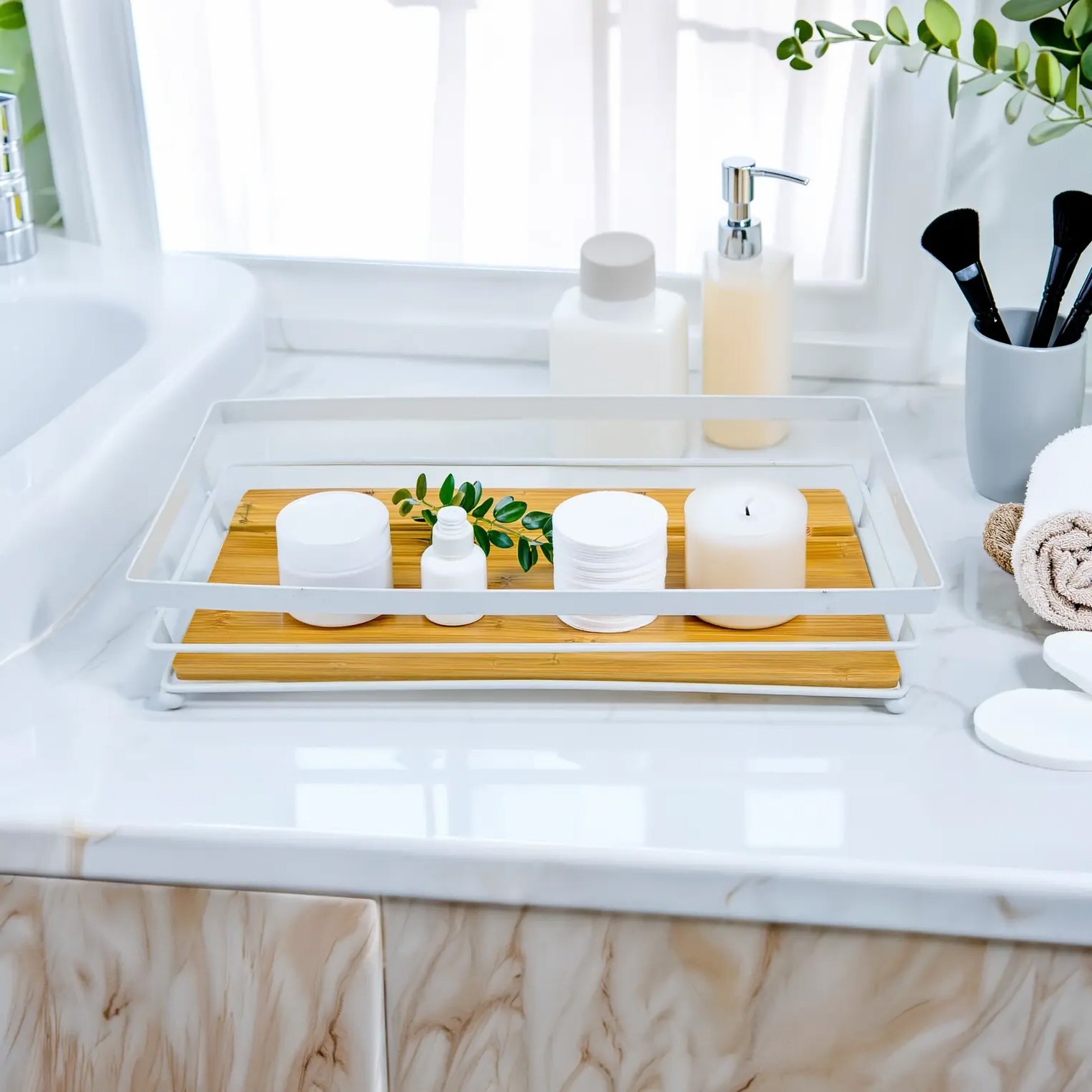 Natural Bamboo Wooden Storage Organizer Tray, Decorative