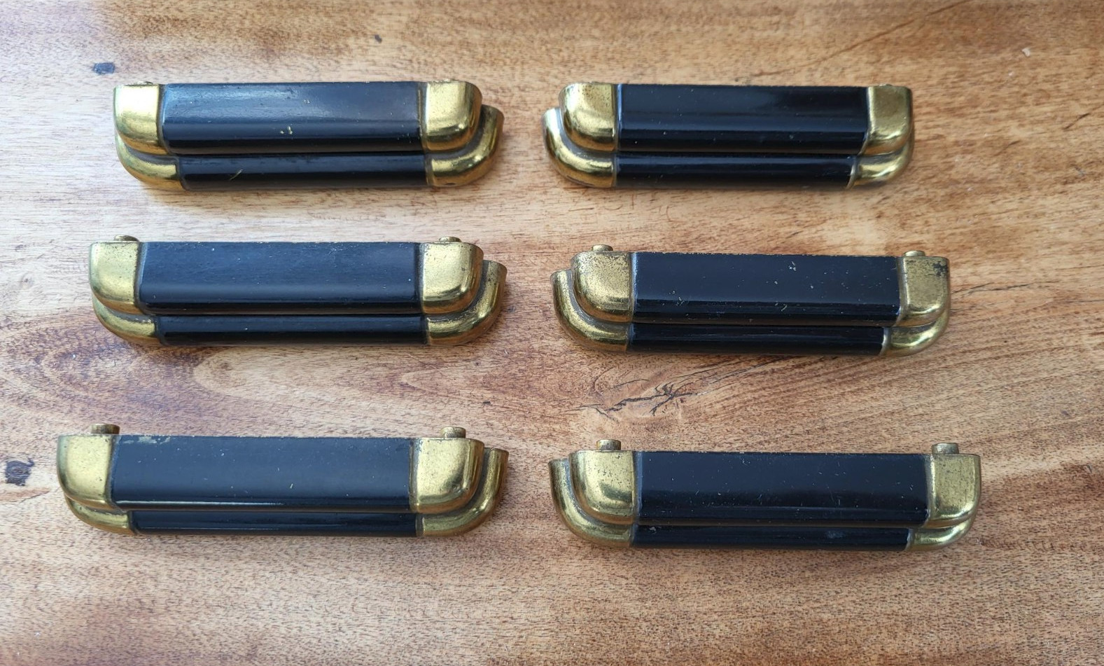 6 vintage art deco style, black & brass dresser handles / pulls