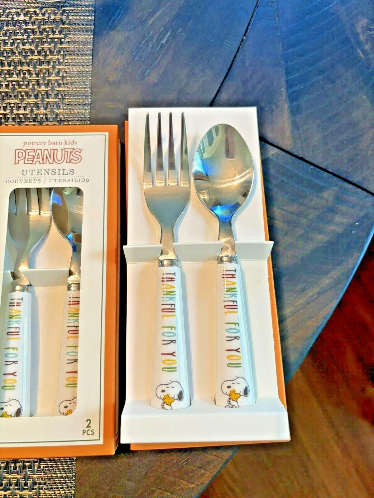 Pottery Barn Holiday Snoopy Disney School UTENSIL peanuts Thanksgiving SET 4 .