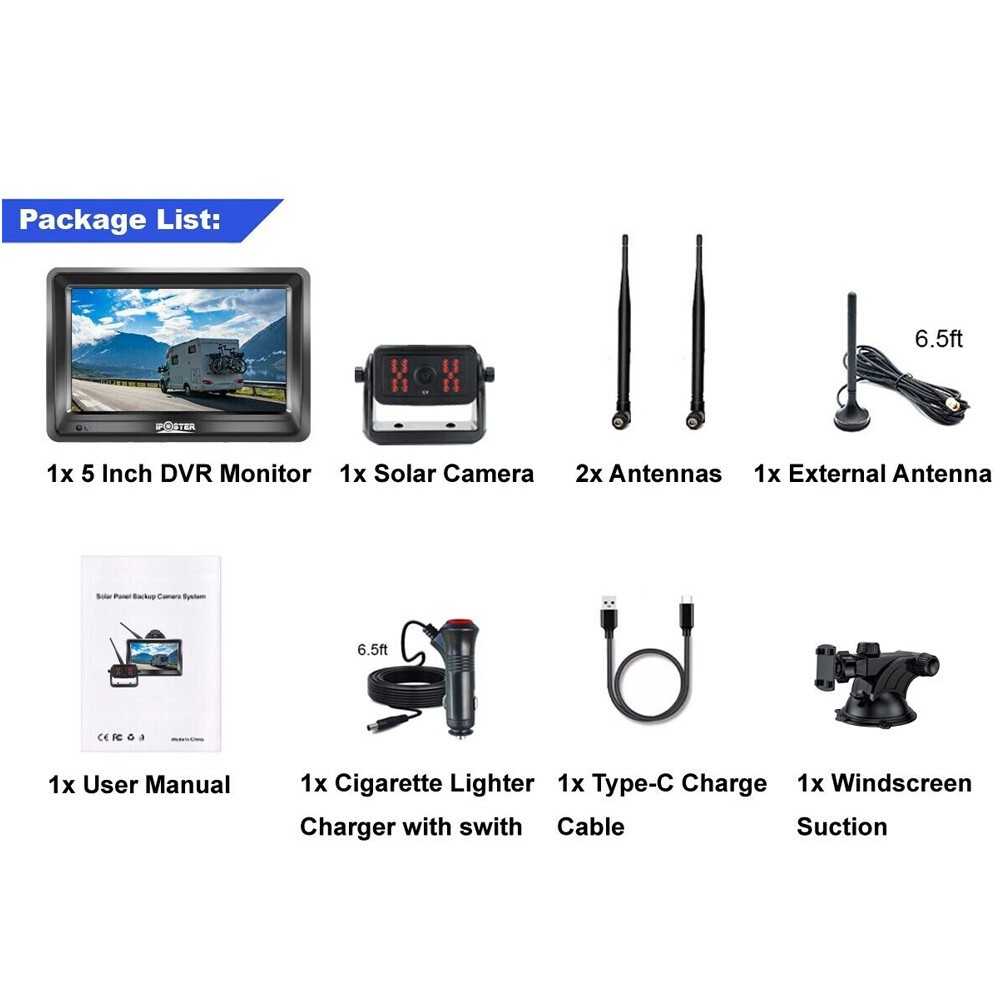 1080P Solar Magnetic Wireless RV Backup Camera 5" Car Monitor for Trailer Truck