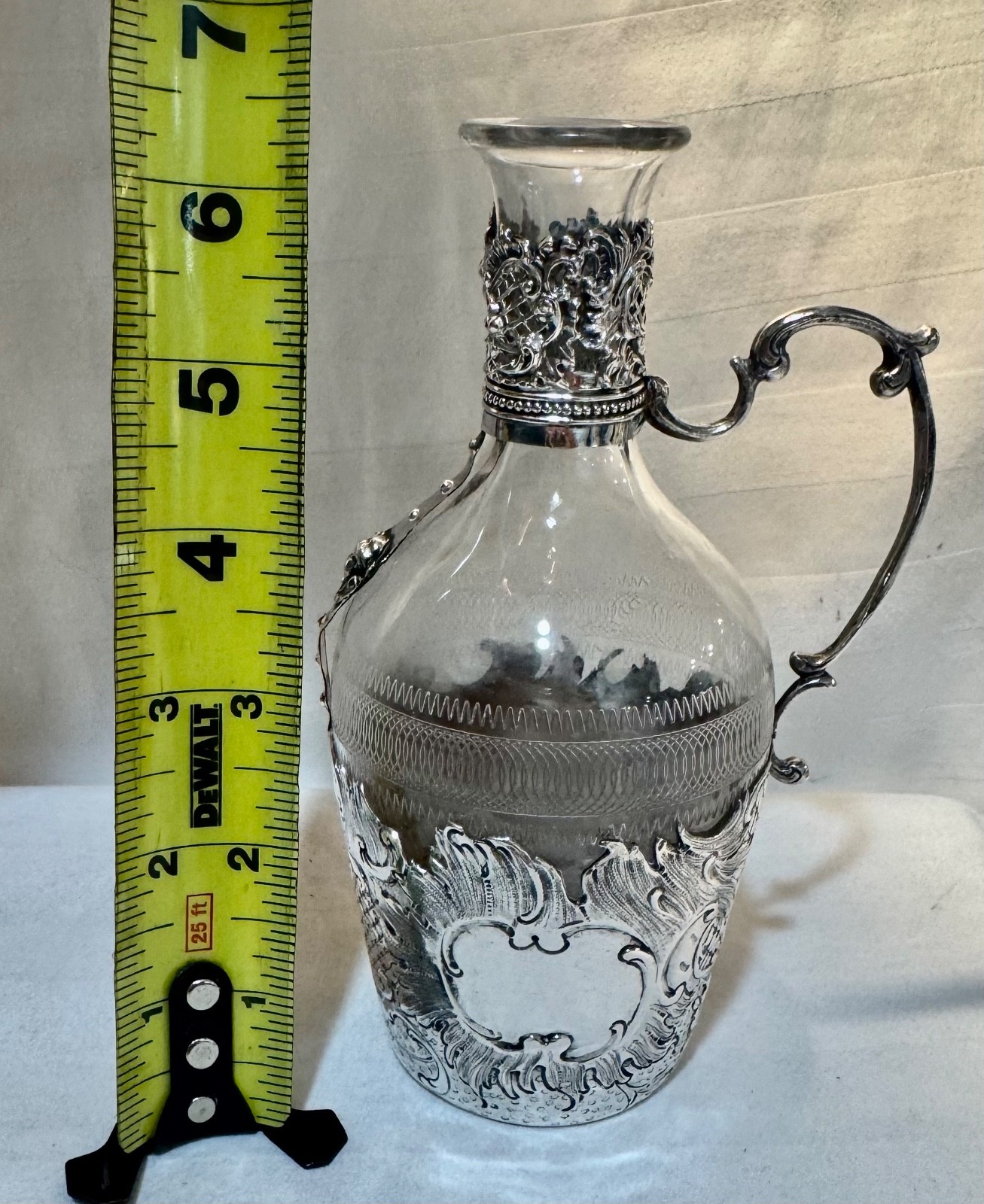 Antigue German 800 Silver Crescent & Crown Claret Jug Cut Glass Rococo c.1890