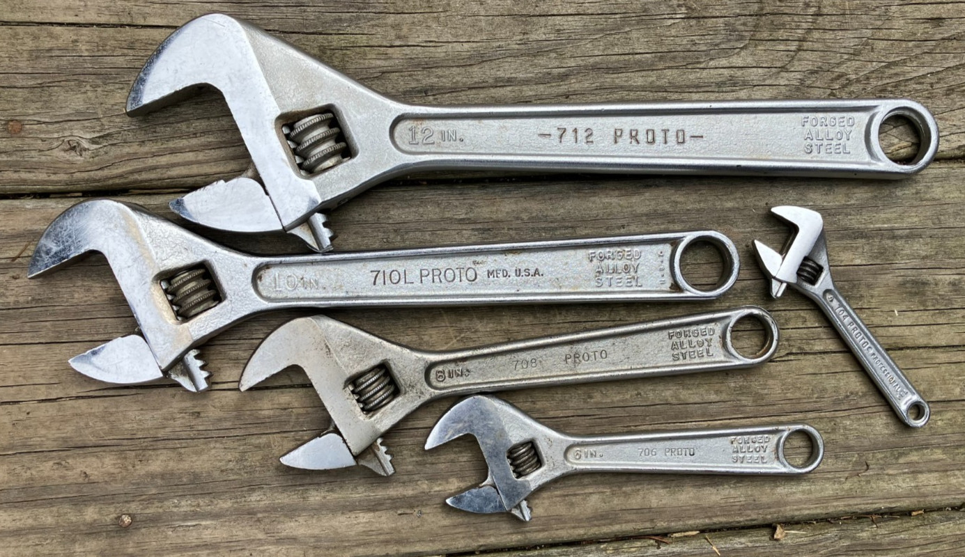 5 Clean Proto Adjustable Wrenches 12-10-8-6 & 4"