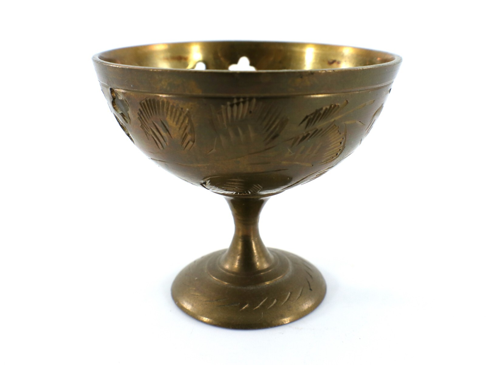 Brass INCENSE BURNER 2-Piece Lid 3 ½” Tall Etched Leaf India