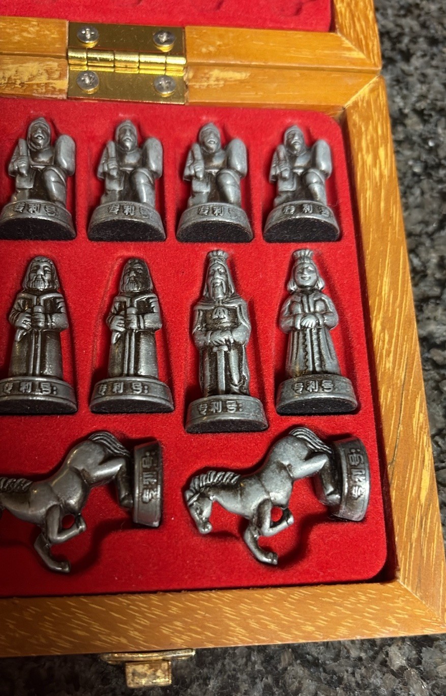 Chess Travel Hinged Wood Board Metal Bronze Silver Pieces Set Small Mini