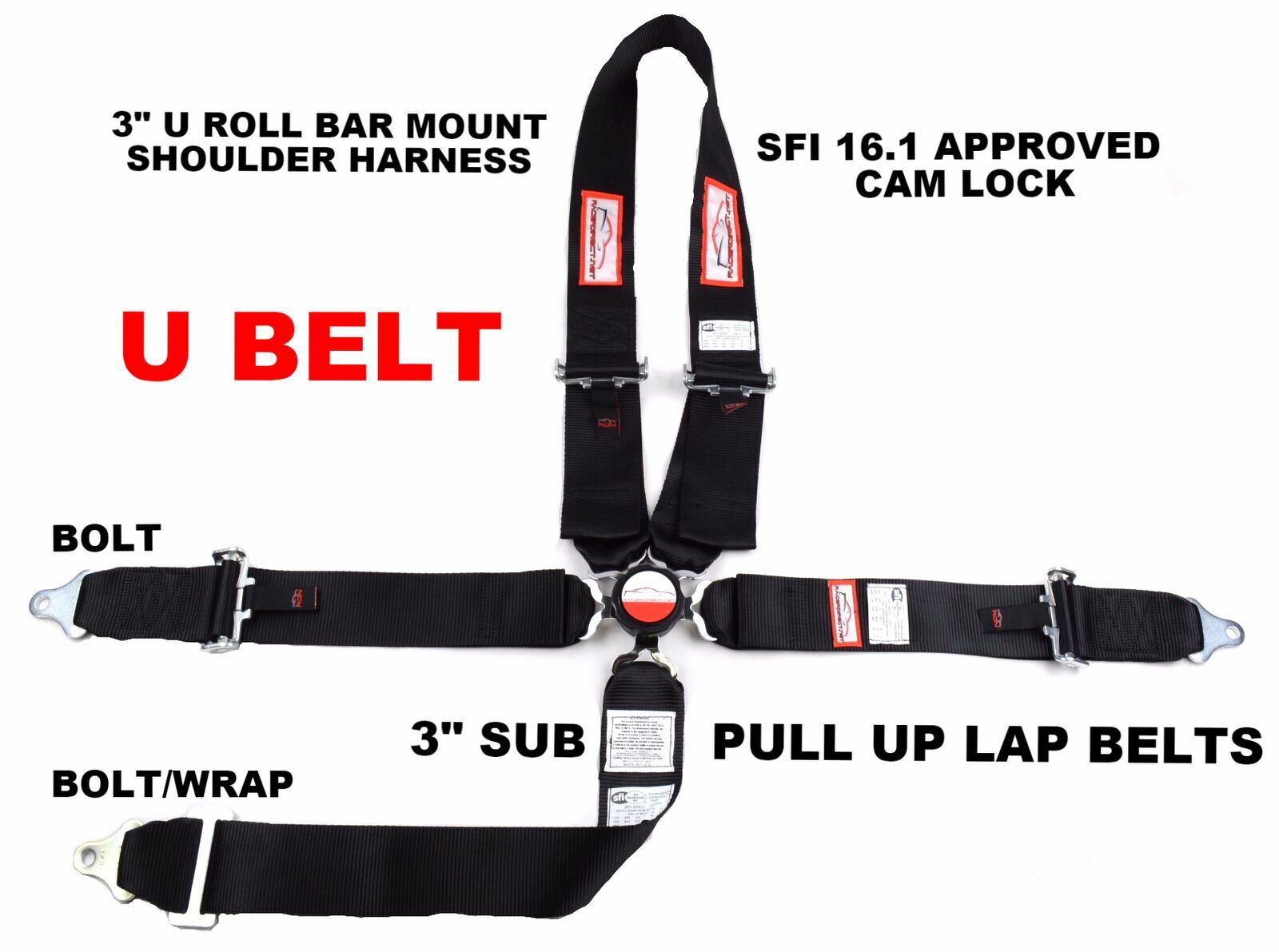 RACERDIRECT U RACE HARNESS PULL UP SFI 16.1 5 POINT 3" SUB CAM LOCK BELT BLACK