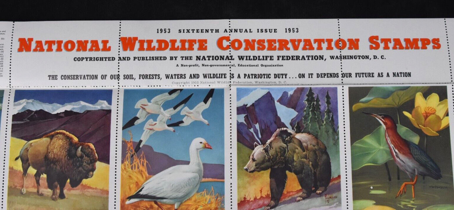 VTG 1953 National Wildlife Conservation Stamps Full Sheet Endangered Animals