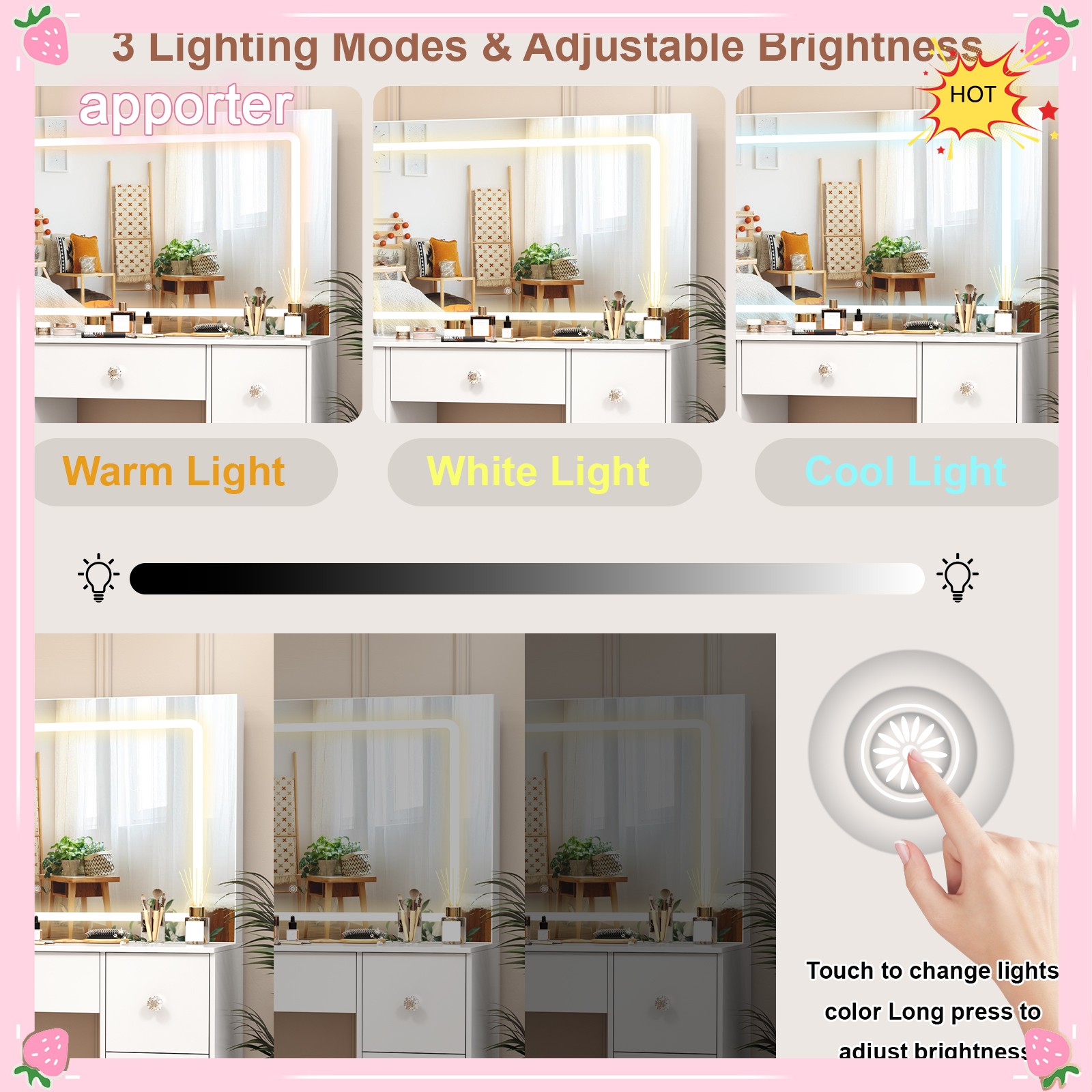 10 LED Lights With Large 3 Colors Mirror Makeup Dresser Desk Vanity Drawer Table