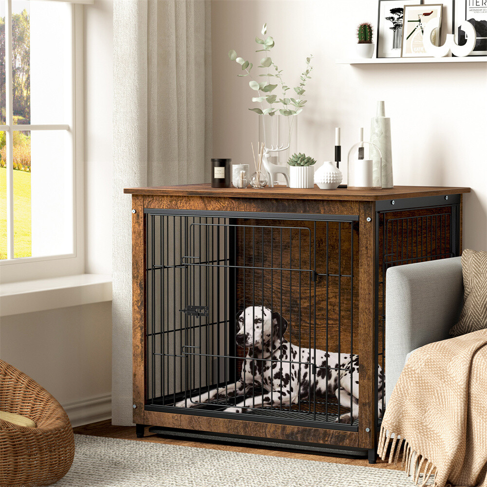Large Dog Crate Wooden Kennel Heavy Duty Cage with Tray End Table Pet Furniture
