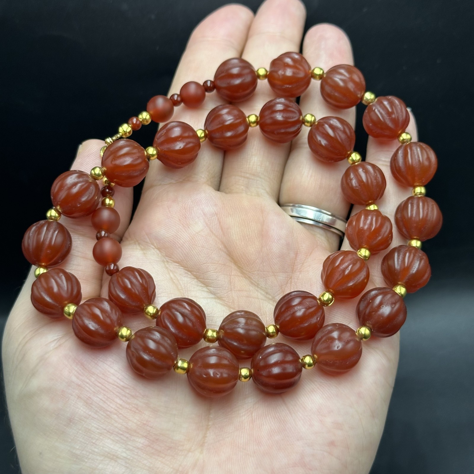Vintage Himalayan Tibetan Carnelian Carved Agate Melon Shape Beads Necklace