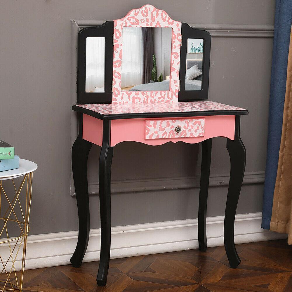 Kids Vanity Table Set Makeup Dressing Table Gifts For Girls Stool Mirror Pink
