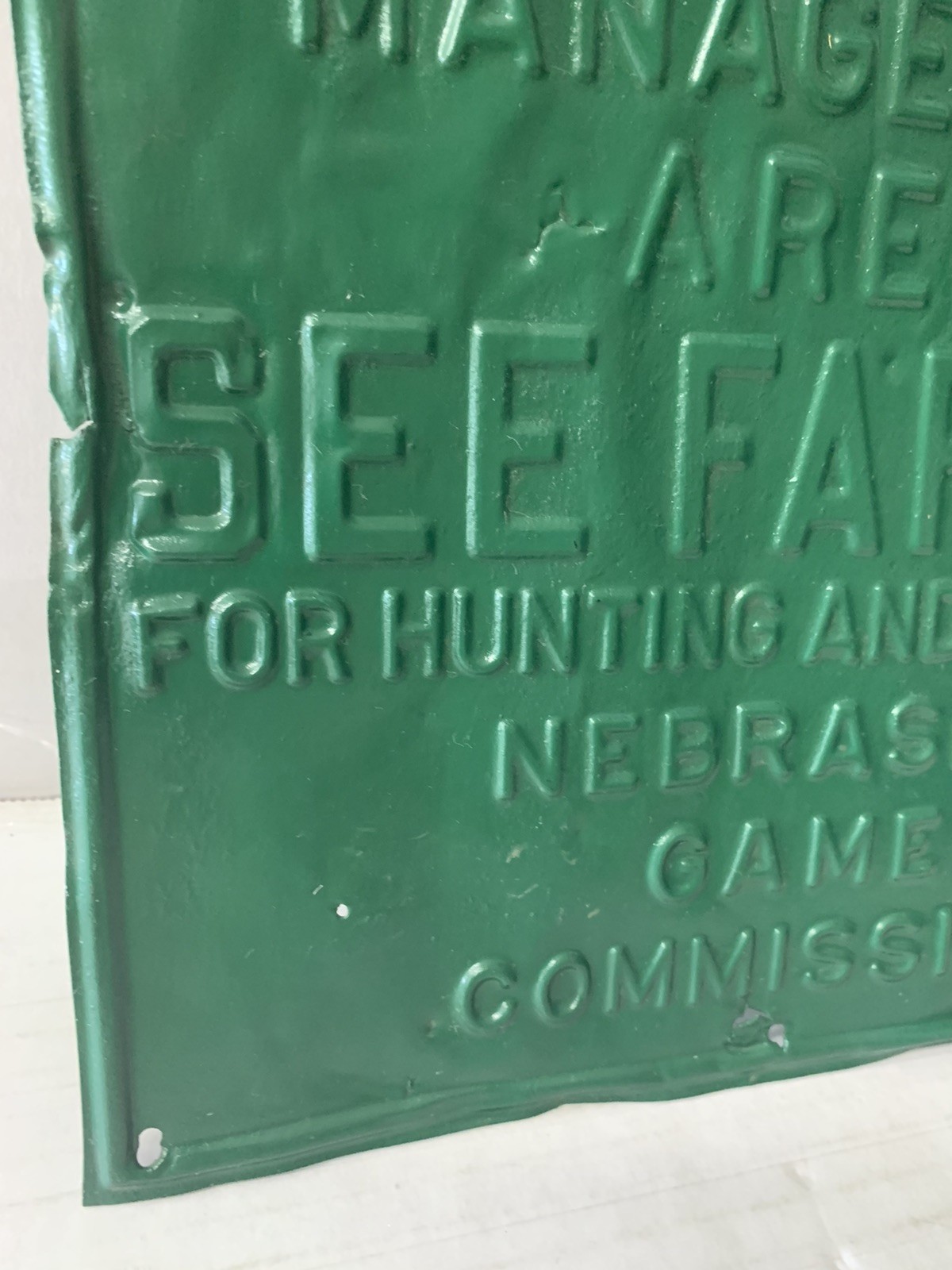 Vintage Nebraska Game Management Area See Farmer For Hunting Metal Sign-VERYRARE