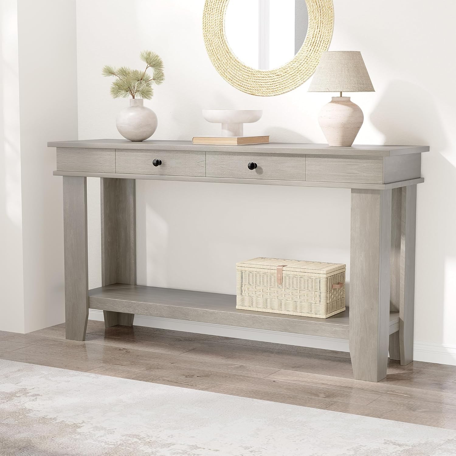 54" Wooden Console Table, Entryway Table with Drawers & Open Storage Shelf