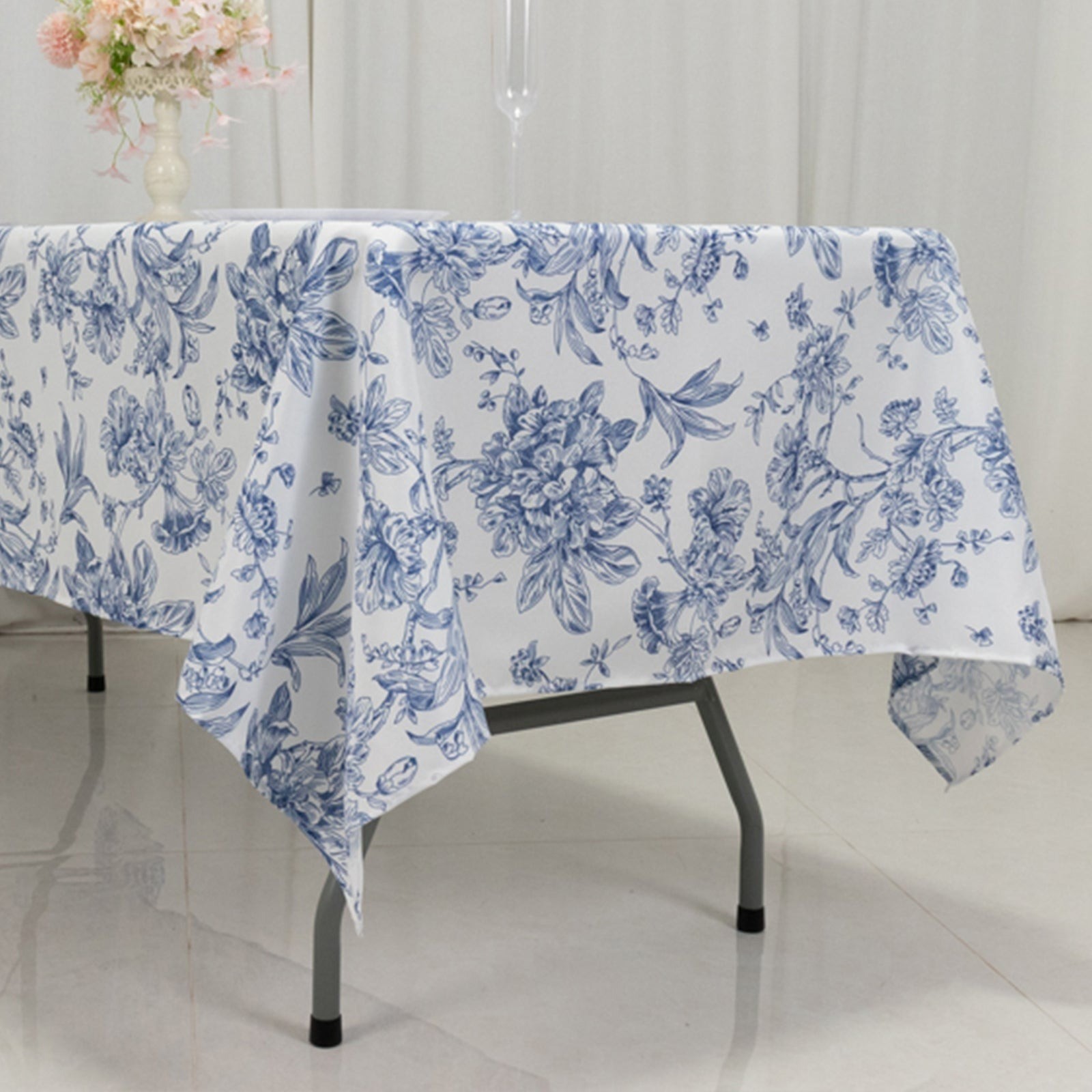 60" x 102" Blue French Toile Pattern Polyester Rectangular Tablecloth