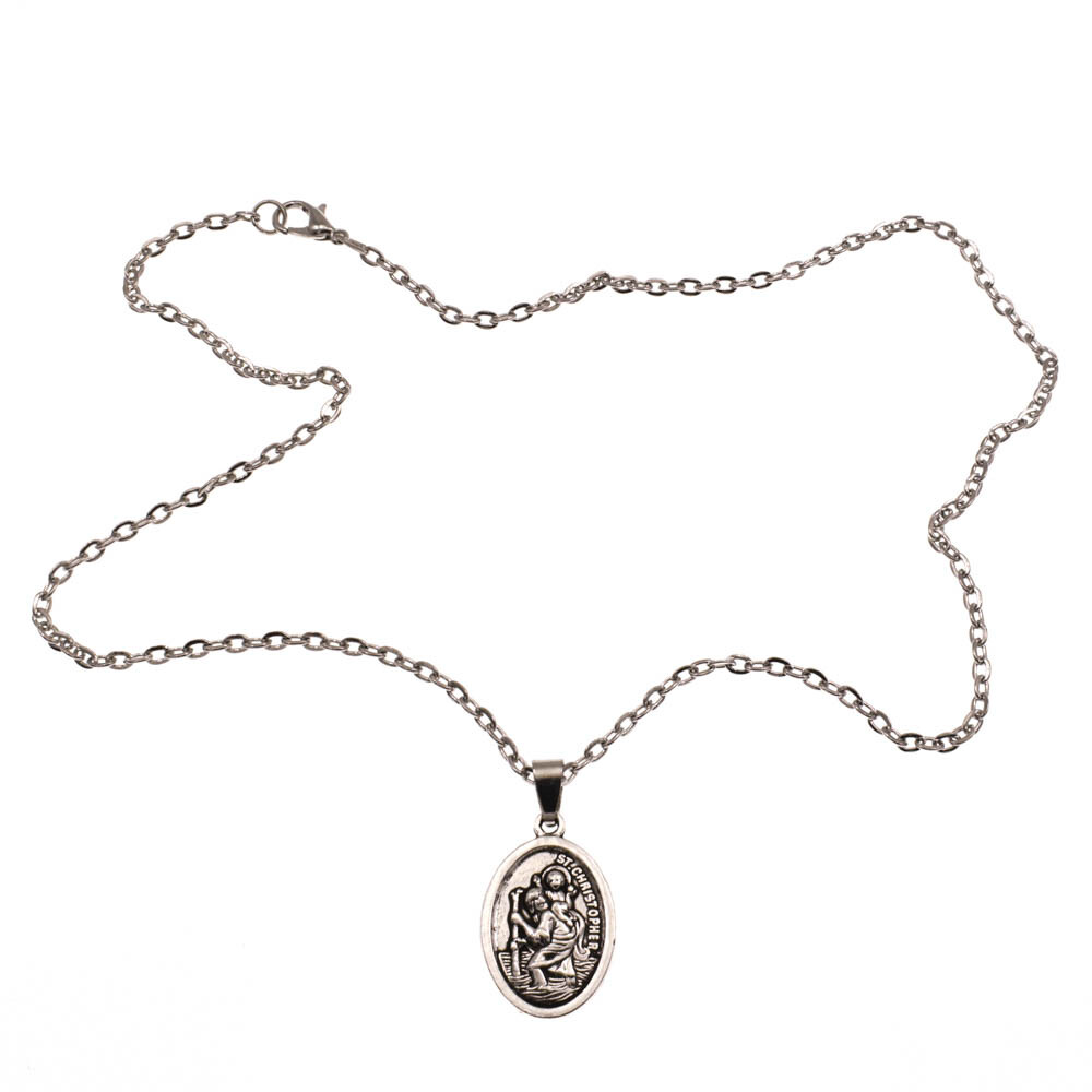 Saint St Christopher Protect Us Oval Silver Medal Pendant Necklace 18" Chain