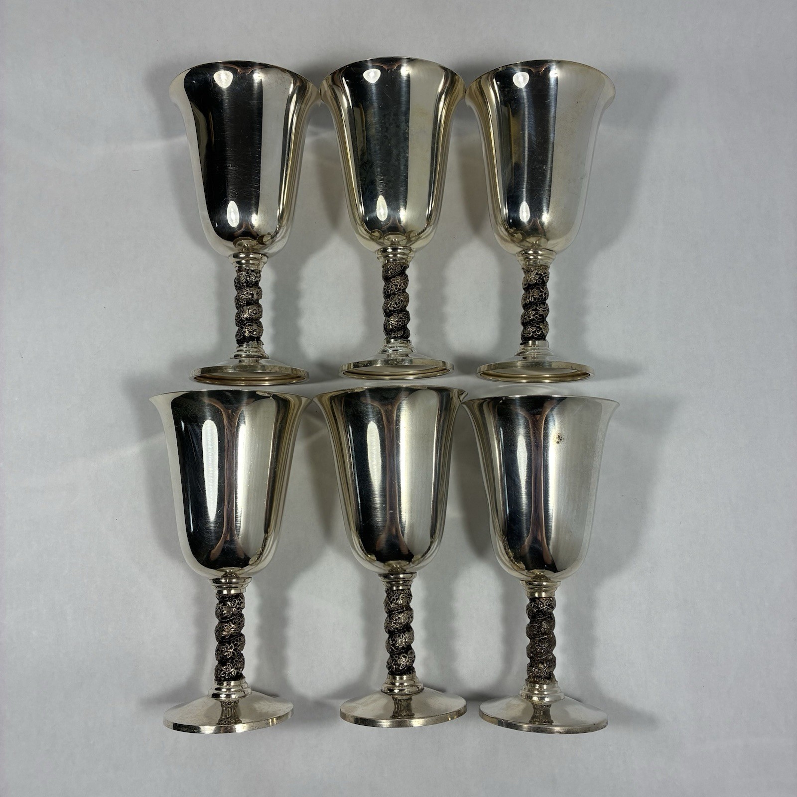 6 Vintage Silver Plated Wine Goblets Spanish Twisted Grapevine Stem Cups Clean