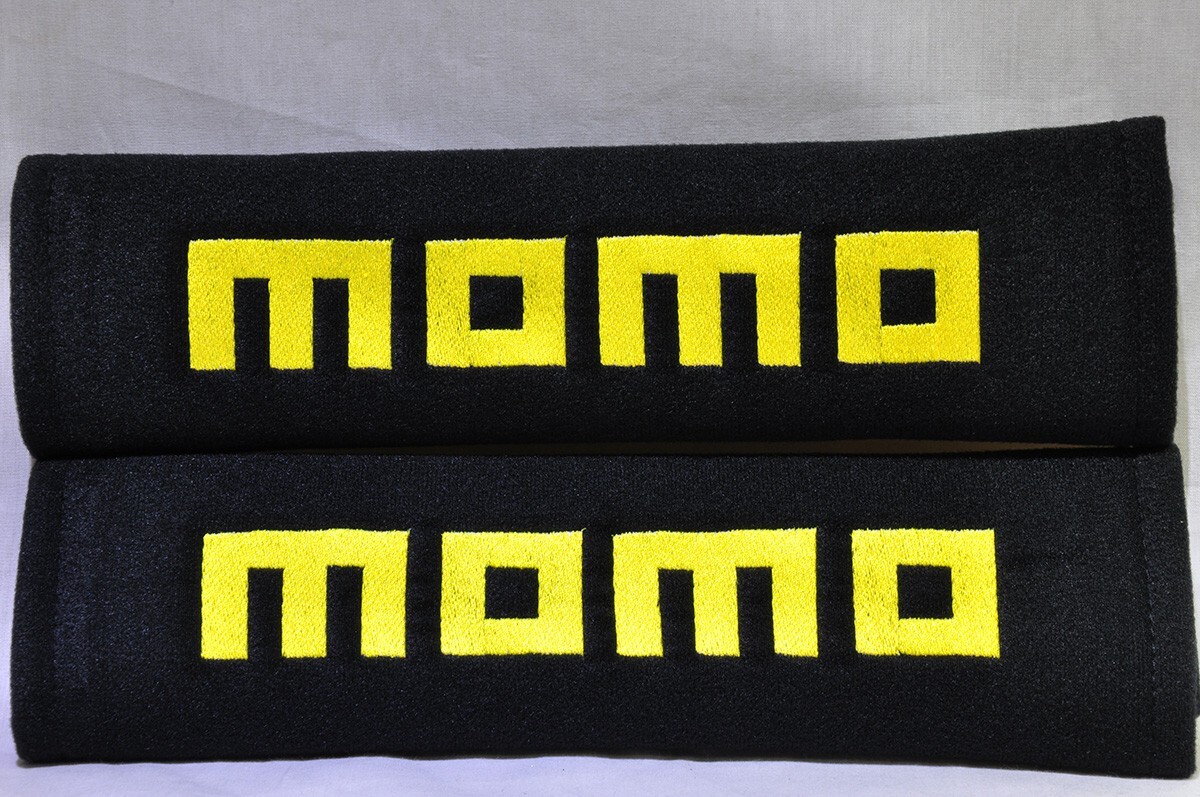 2 pcs (1 PAIR) MOMO Embroidery Seat Belt Cover Shoulder Pads (Yellow on Black)