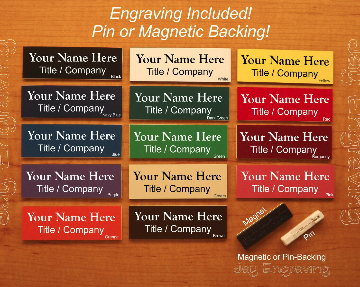 Custom Engraved 1"x3" Name Tag ID Badge Label with Pin or Magnet Attachment
