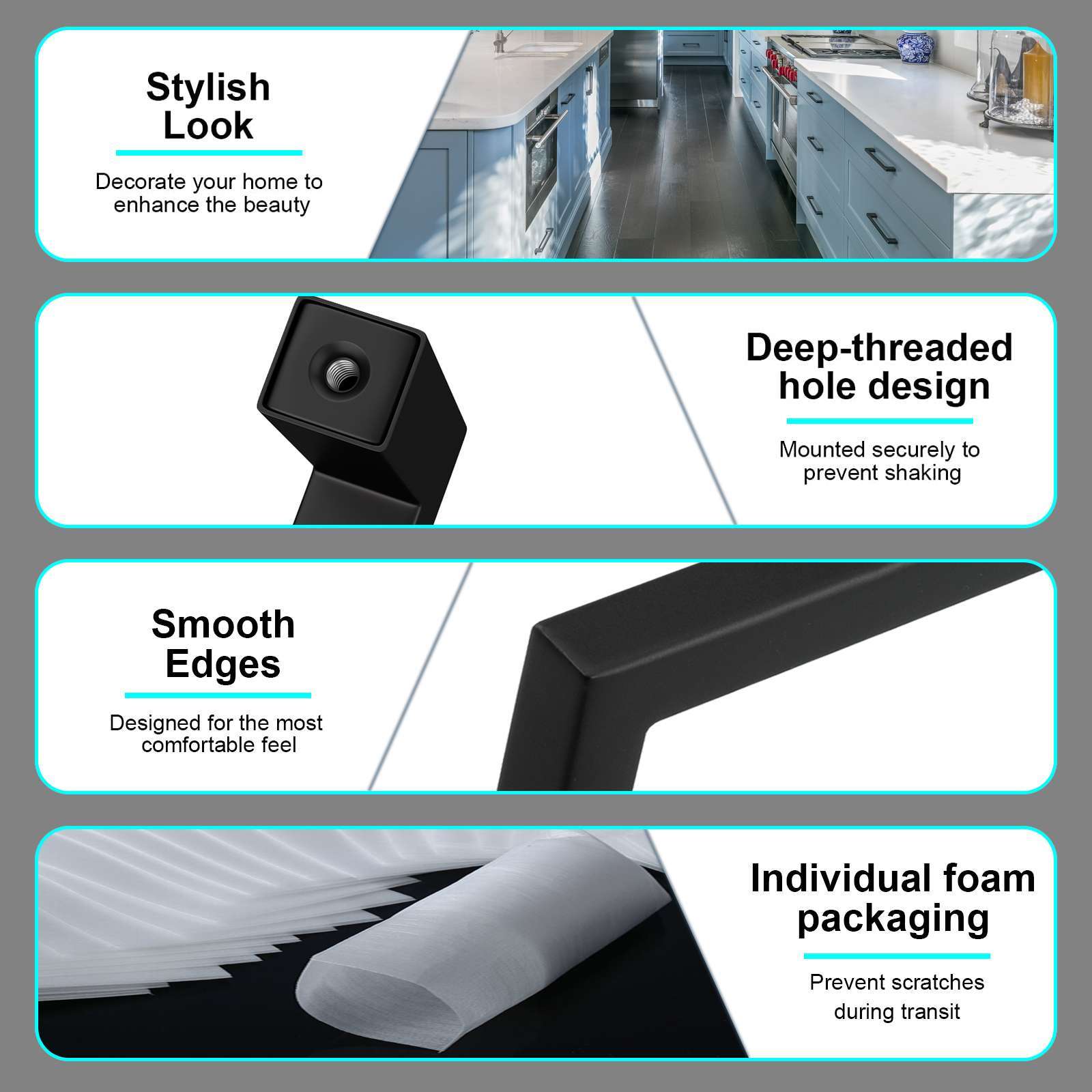 Matte Black Square Modern Cabinet Handles Pulls Kitchen Drawer Stainless Steel