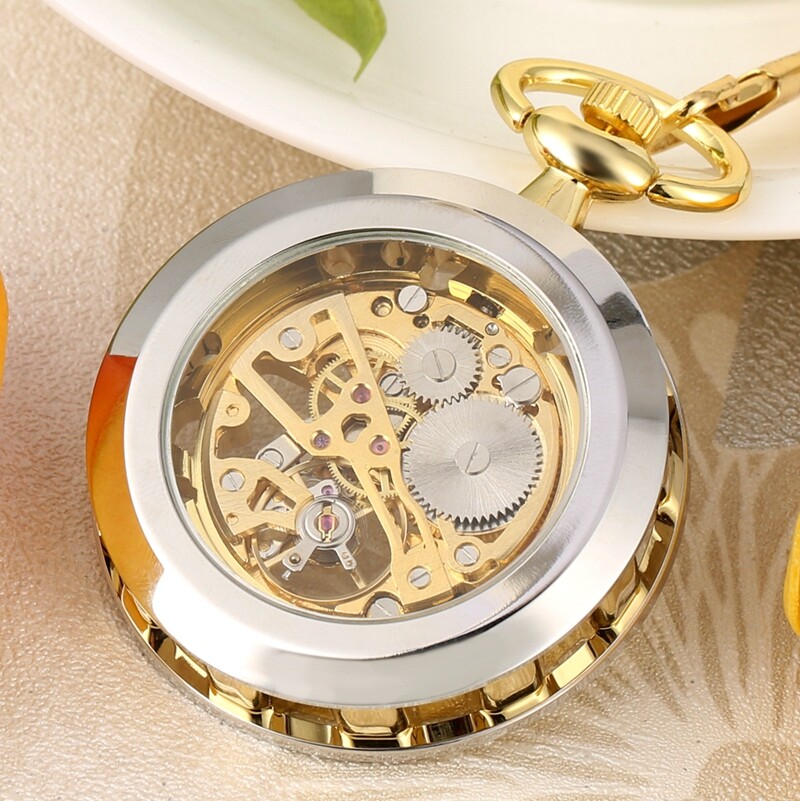 Men's Mechanical Pocket Watch Hand Winding Open Face Golden Pendant Chain Gifts