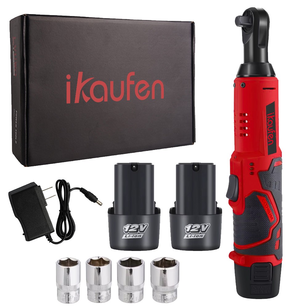 Cordless Ratchet 3/8\" Right Angle Wrench Impact Power Tool /2Battery 4Socket B4