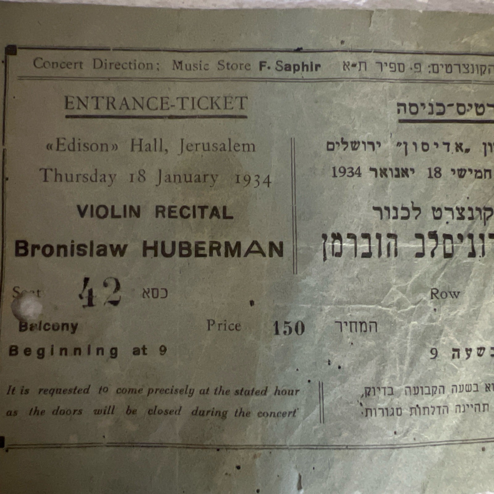 1934 Ticket Bronislaw Huberman Violin Recital Philharmonic Orchestra Vienna