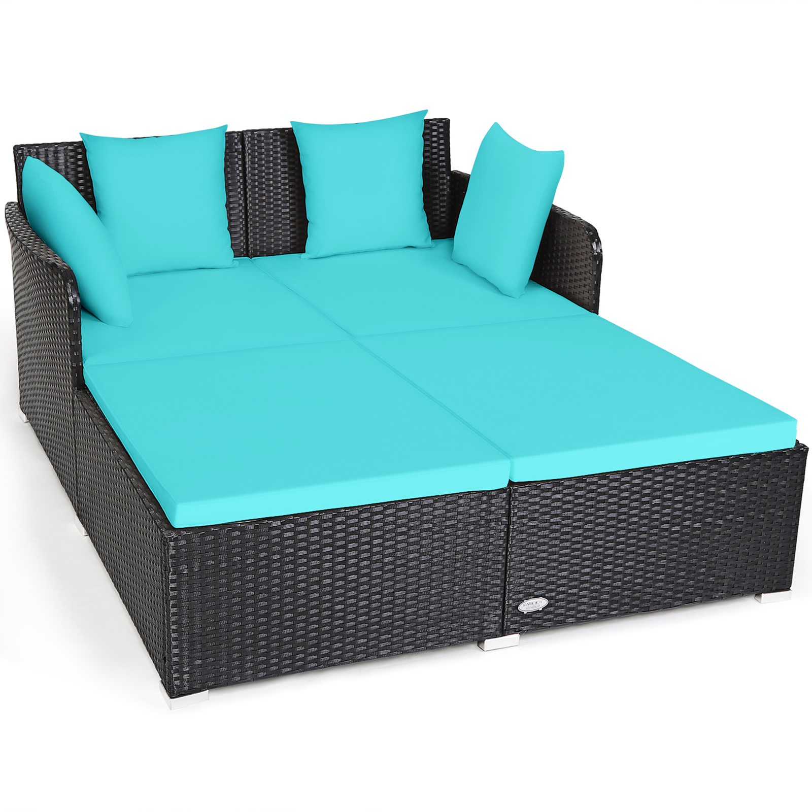 Rattan Patio Daybed Loveseat Sofa Yard Outdoor w/ Turquoise Cushions Pillows
