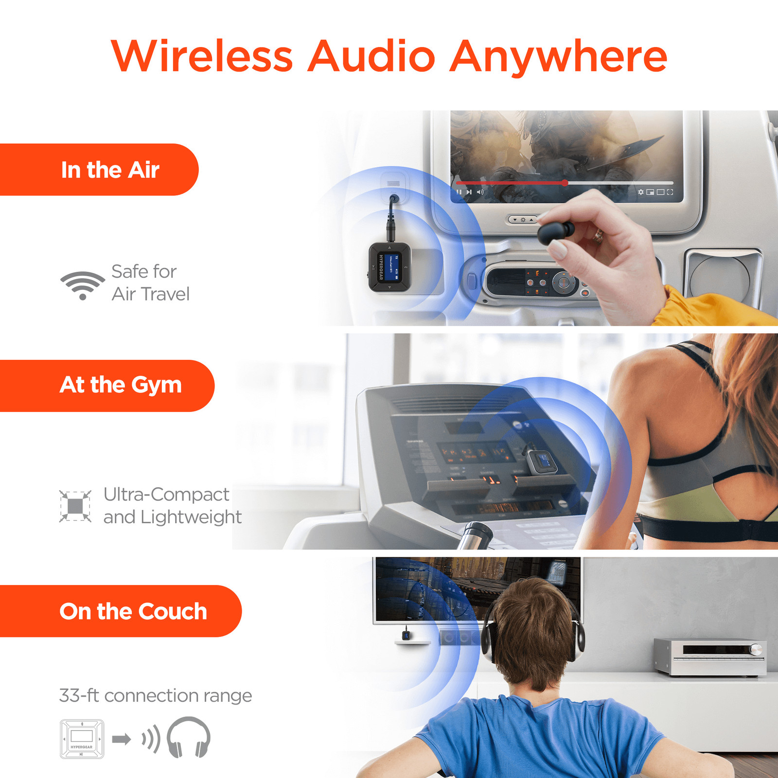 HyperGear IntelliCast Flight Audio Transmitter + Receiver for In-Flight Viewing