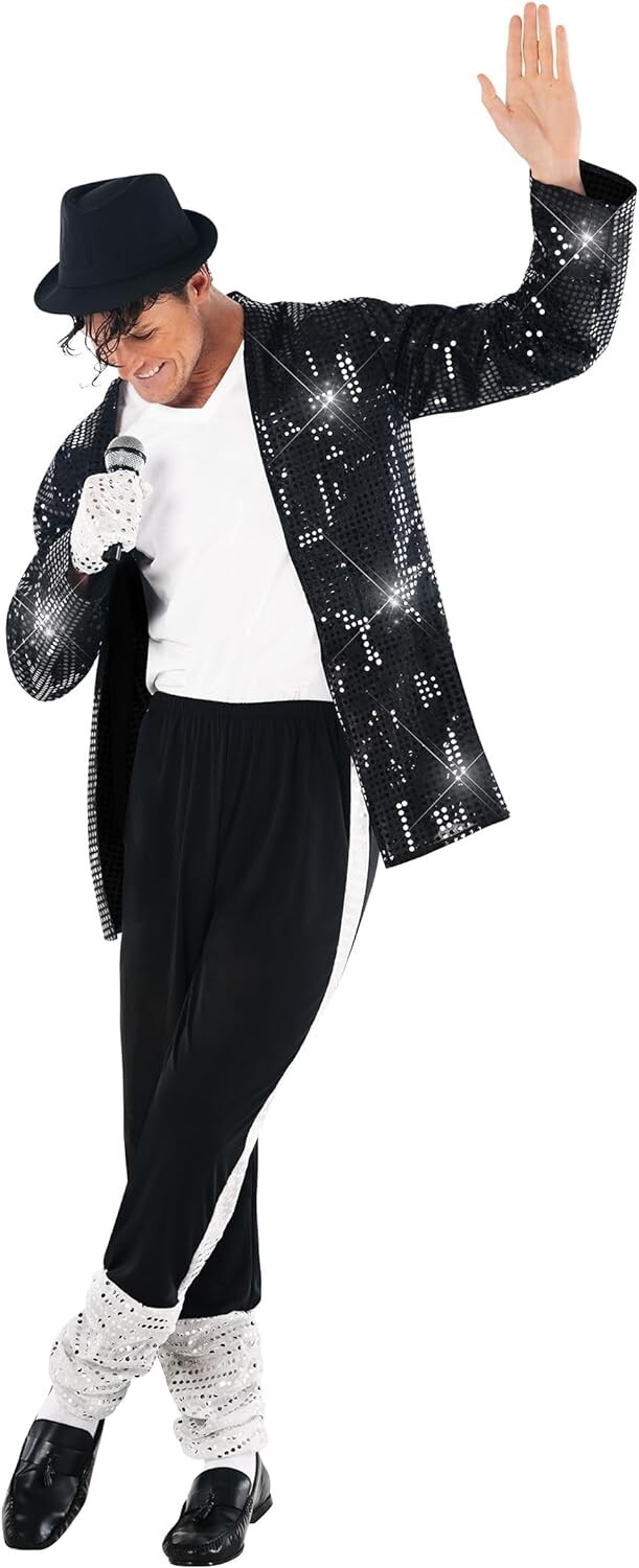 Men`s King of Pop Costume Adult 80s MJ Moonwalking Popstar Black Outfit M - 3XL