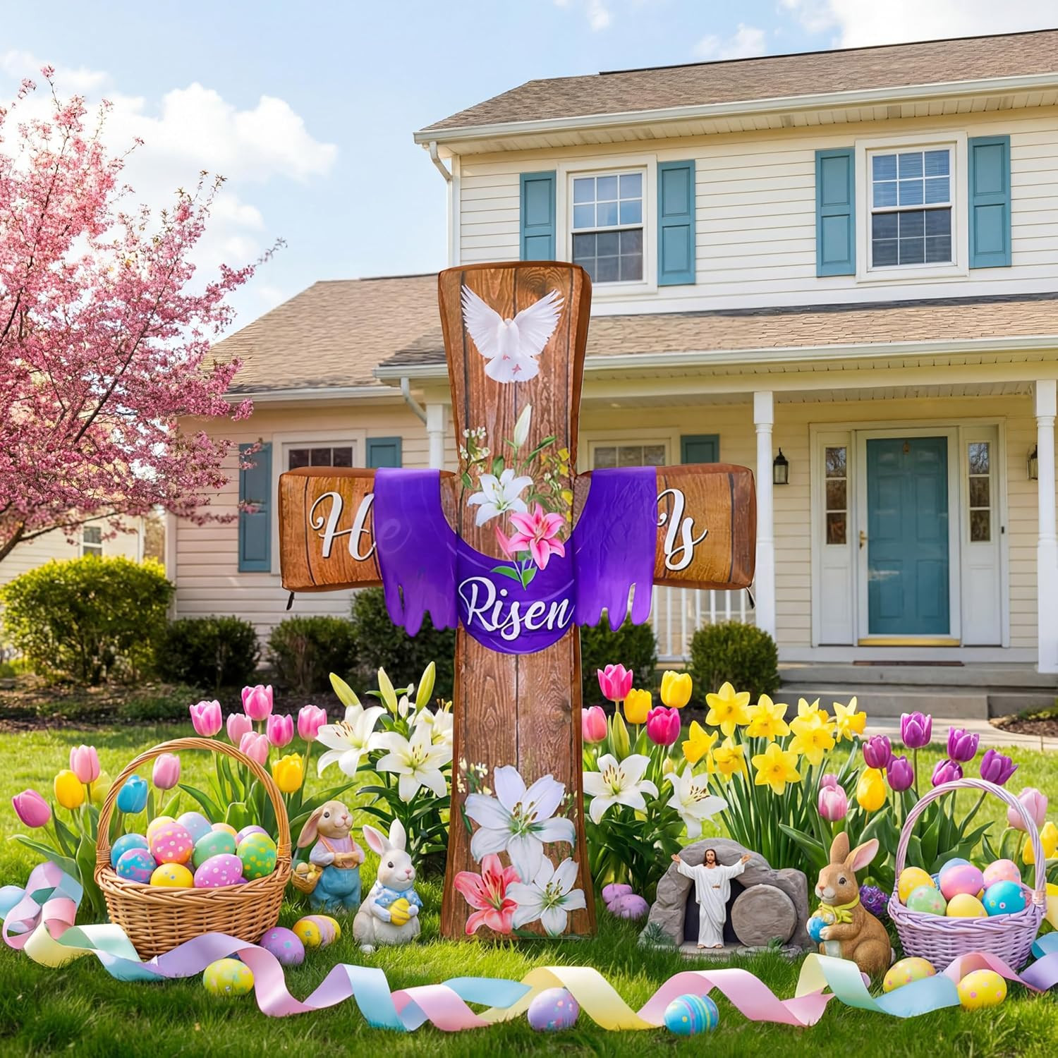 6Ft Easter Inflatables Outdoor Decorations He Is Risen Blow up Cross Yard Decora