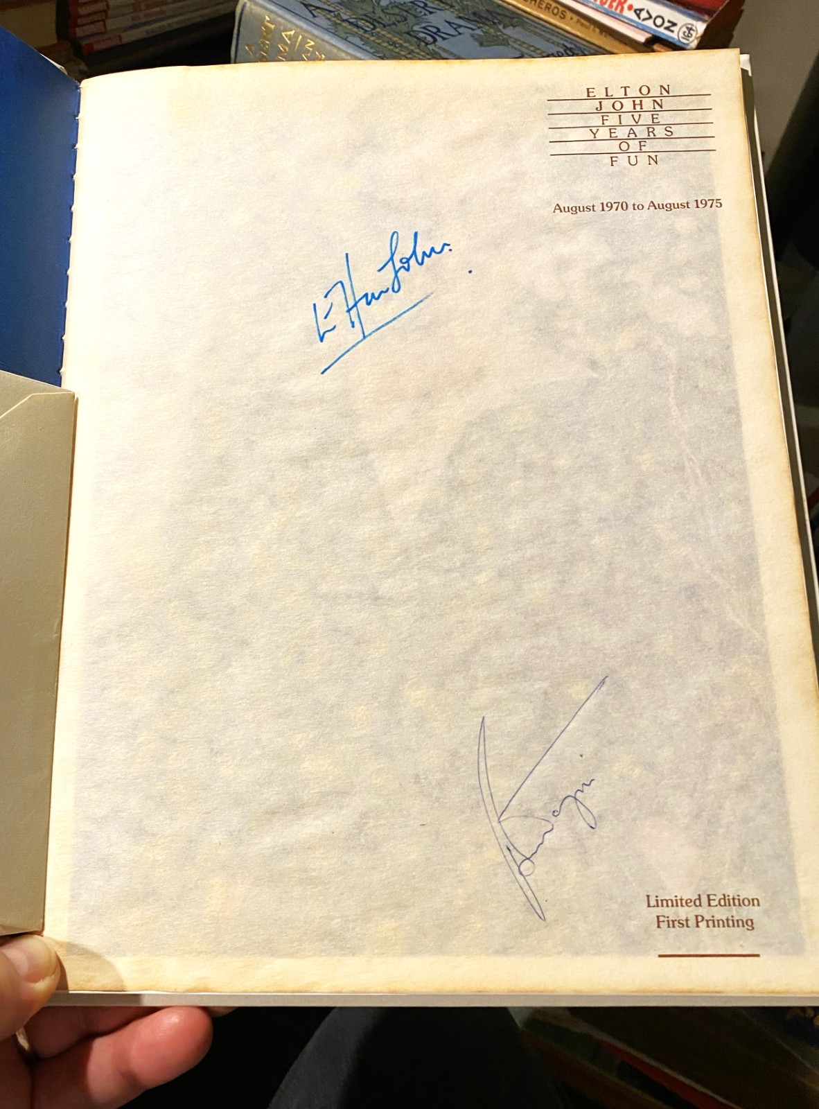 Elton John, Bernie Taupin, Signed, Five Years of Fun, 1975, +Troubadour Ticket