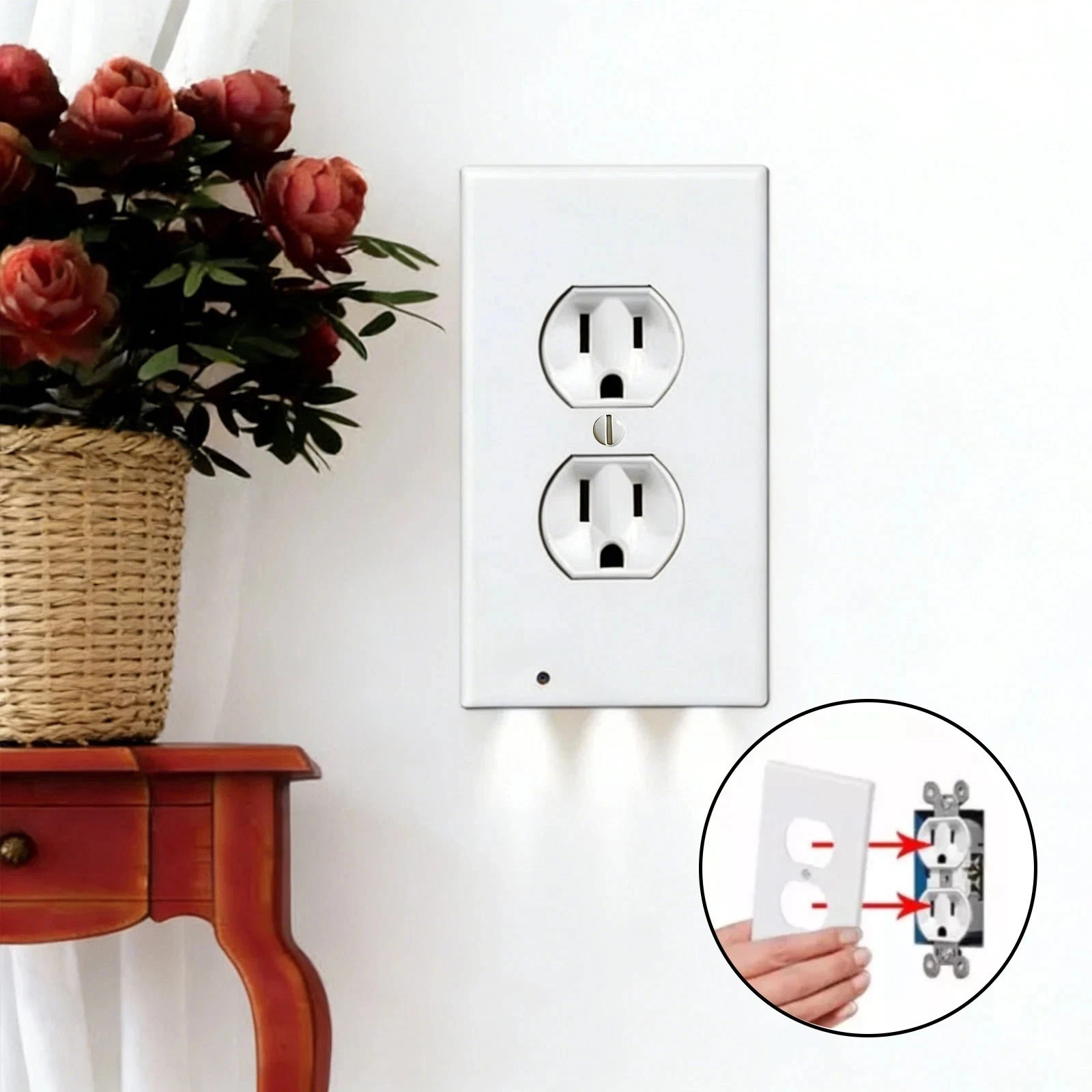 5 Pack Outlet Cover Built-In LED Night Light Bulbs Wall Plate Rounded Receptacle