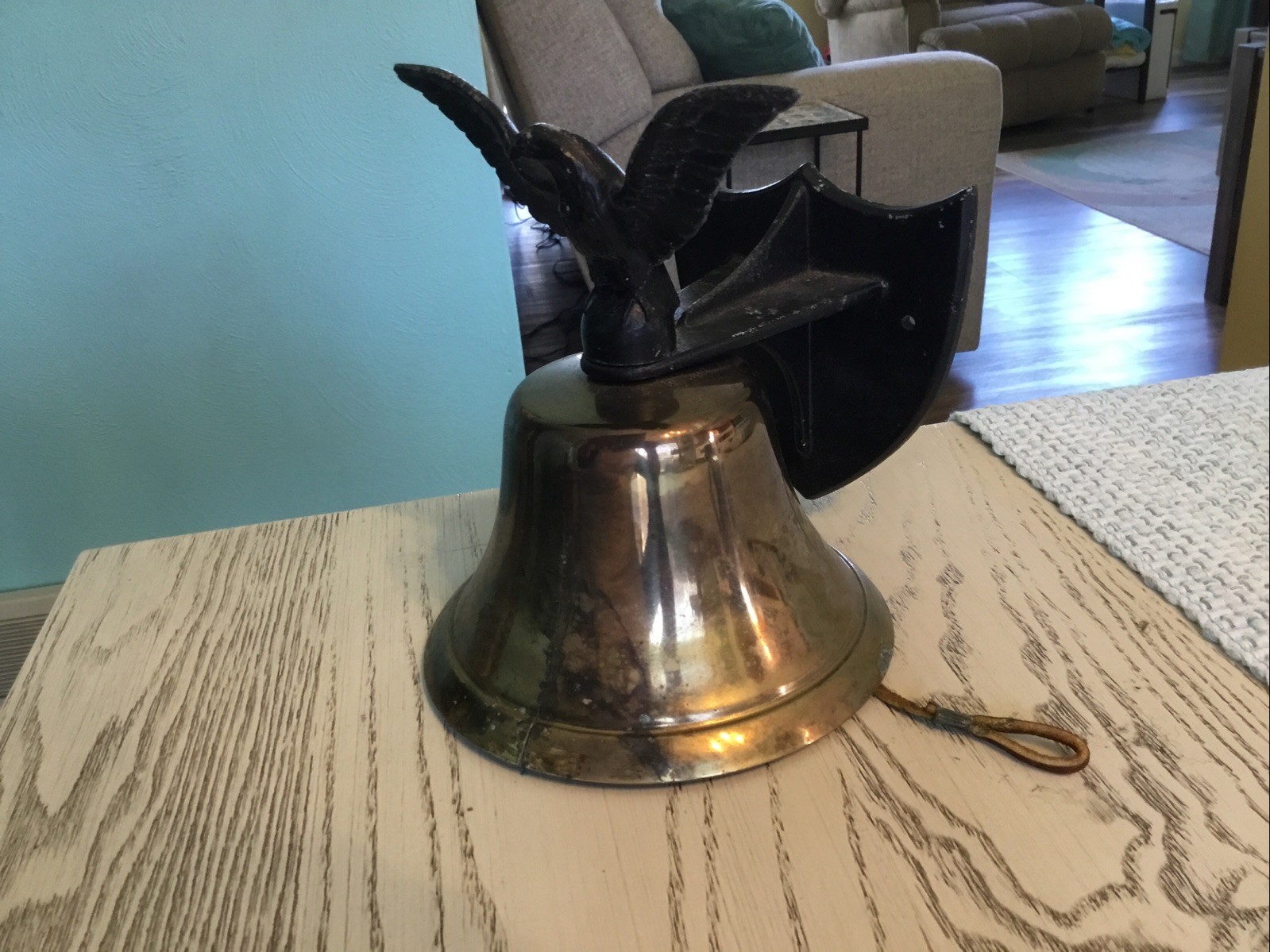 Vintage Brass Bell With Cast Iron Eagle Topper