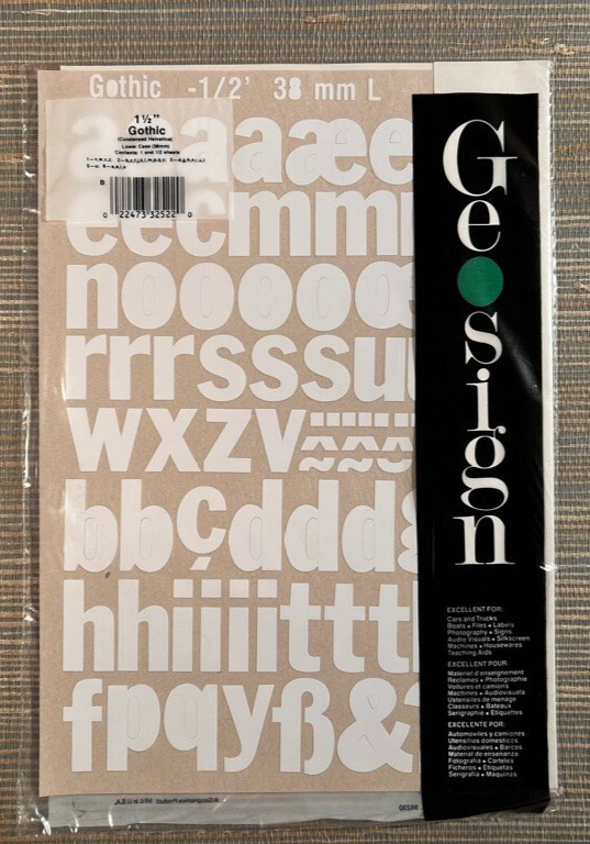 Geosign White Gothic 1-1/2 Inch Vinyl Lower Case Letters Self Stick 38mm