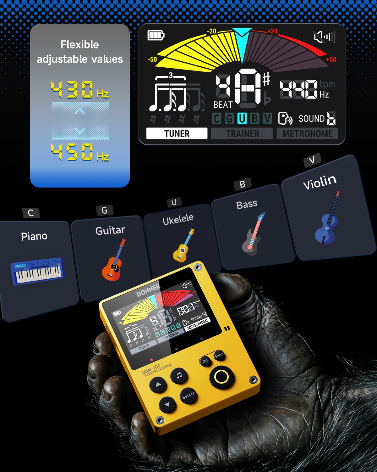 Donner DBM-100 Digital Metronome Tuner Guitar Bass Piano Drum Saxophone | Yellow