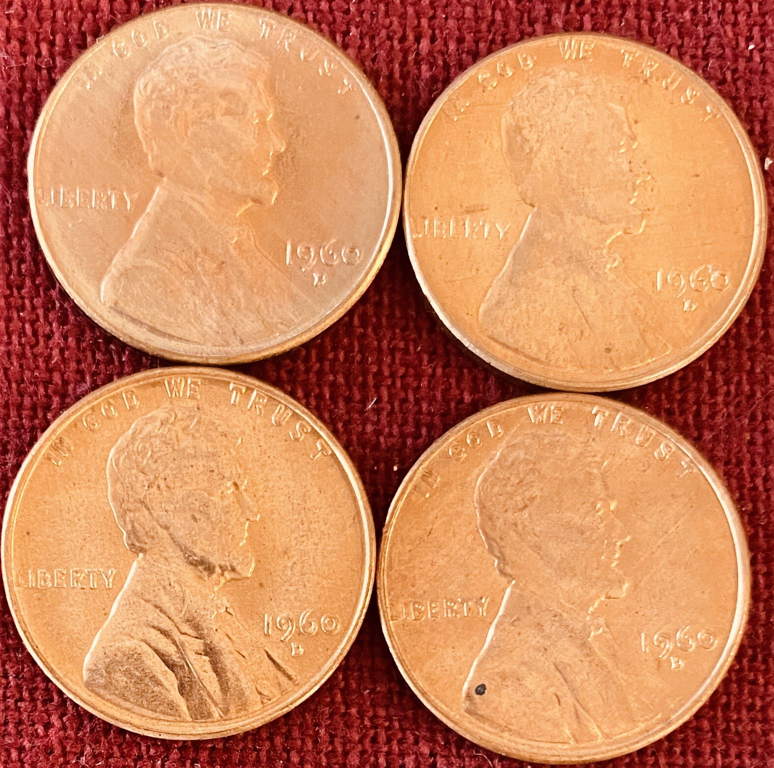 1960-D BU Lincoln Memorial Cents - Small And Large Dates, Two Of Each - Lot Of 4