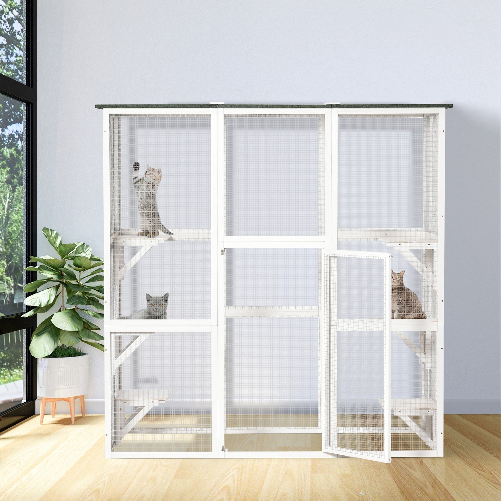 Outdoor Cat House with Weather Protection, Multiple High Ledges, 71" L, White