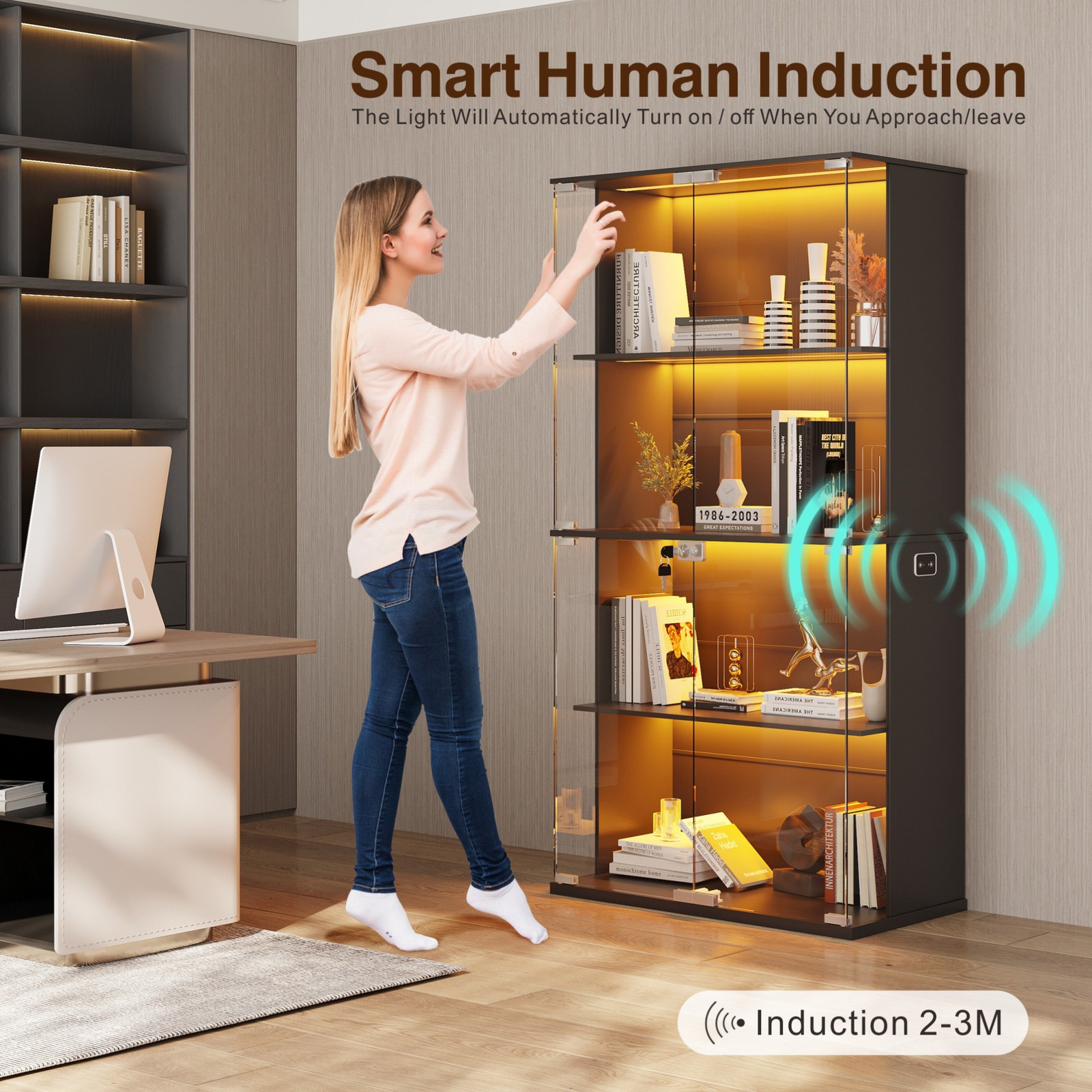 Display Cabinet with Glass Doors, Curio Cabinet with LED Lights for Collectibles